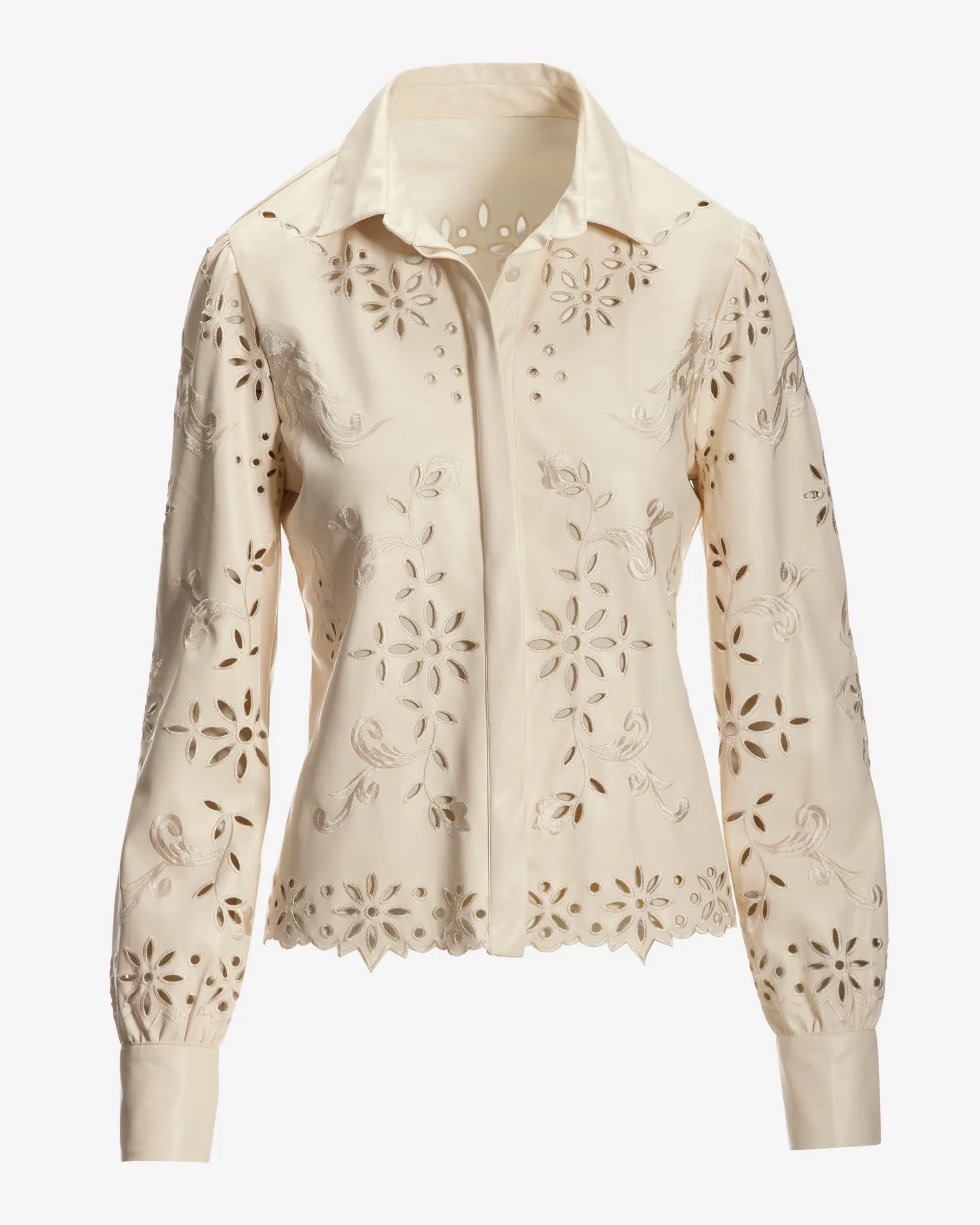 Faux Leather Laser Cut Button Up Shirt Ecru