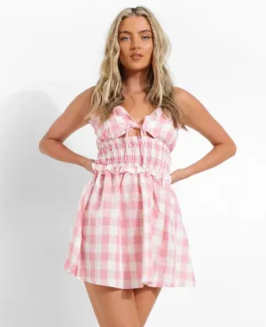 Gingham Strappy Shirred Waist Swing Dress