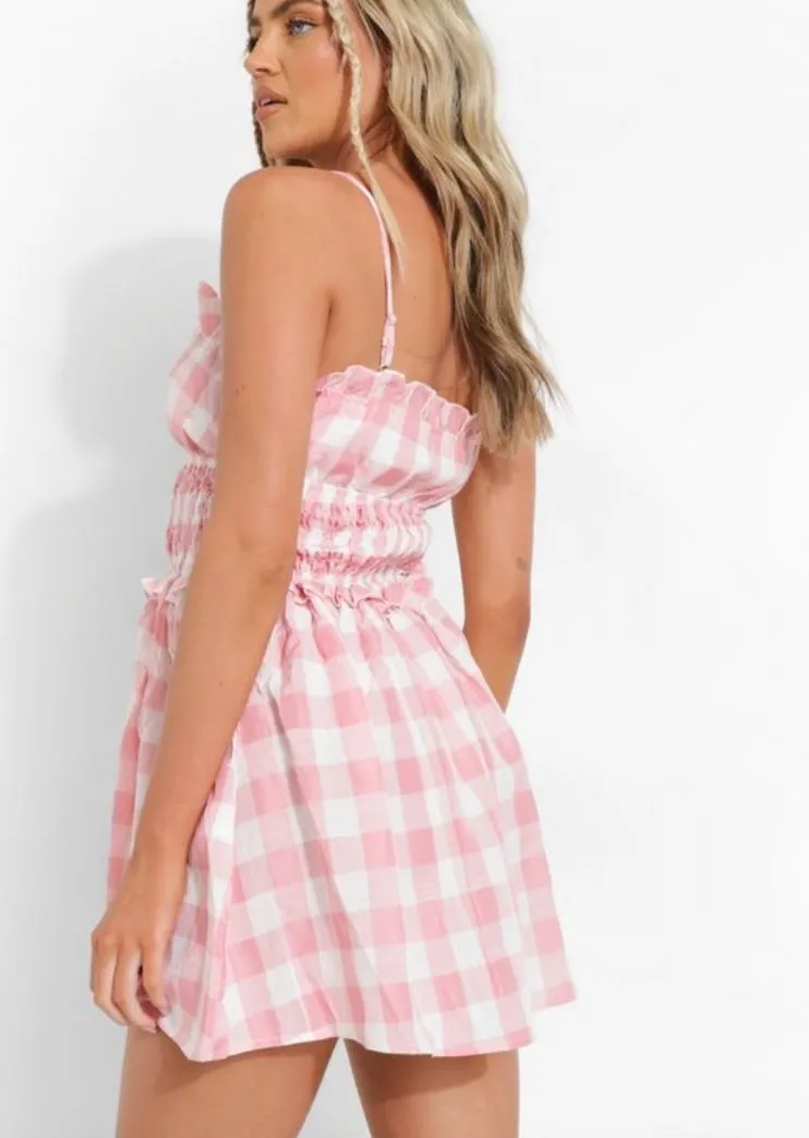 Gingham Strappy Shirred Waist Swing Dress