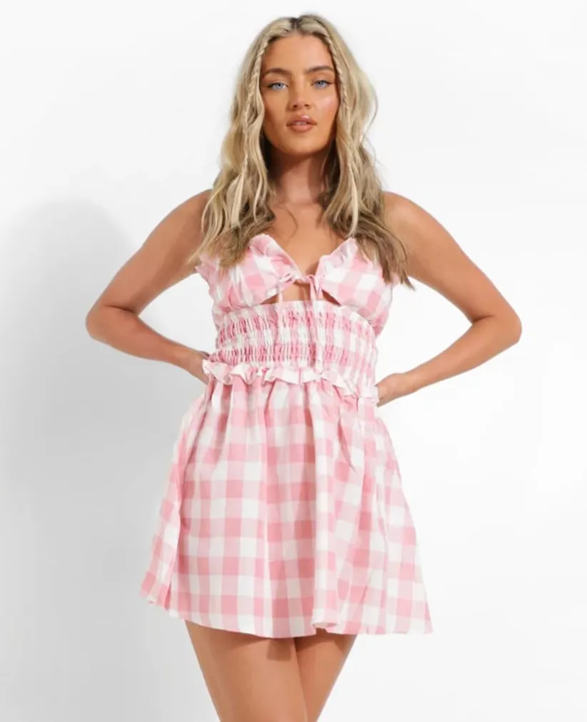 Gingham Strappy Shirred Waist Swing Dress