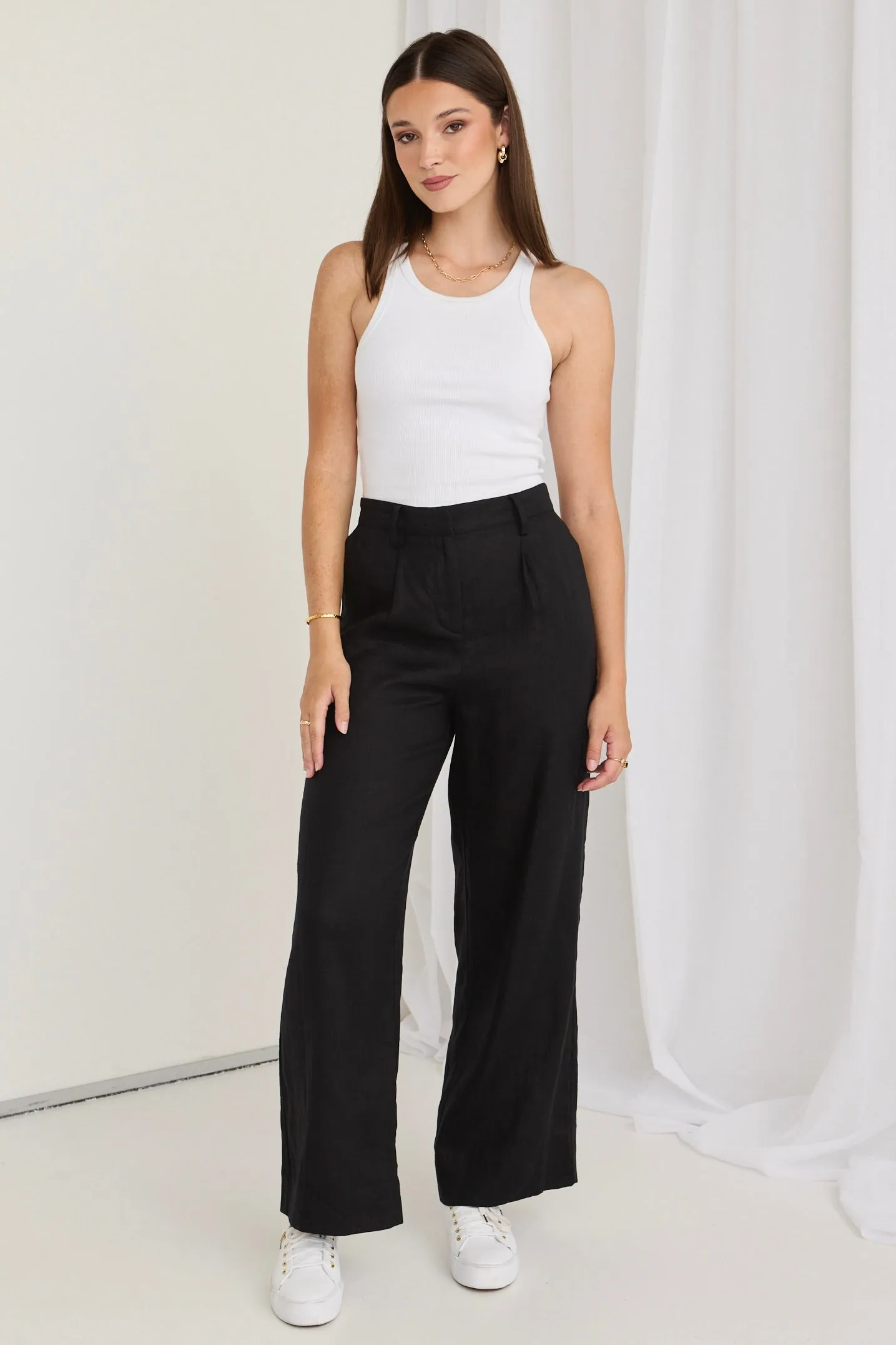 Island Black Linen Pleat Front Wide Leg Pant