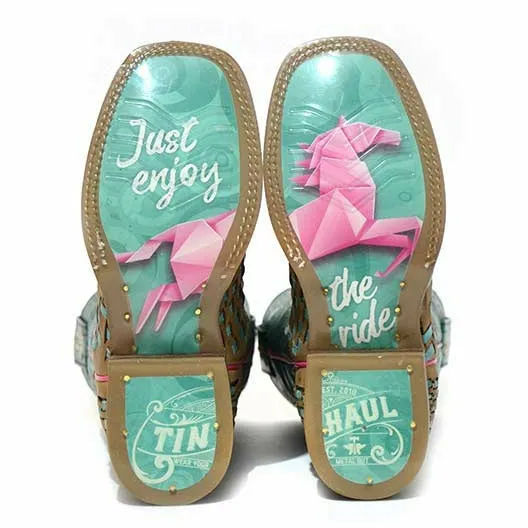 Kid's Tin Haul Gitcha A Good One Boots Enjoy The Ride Sole Handcrafted Tan