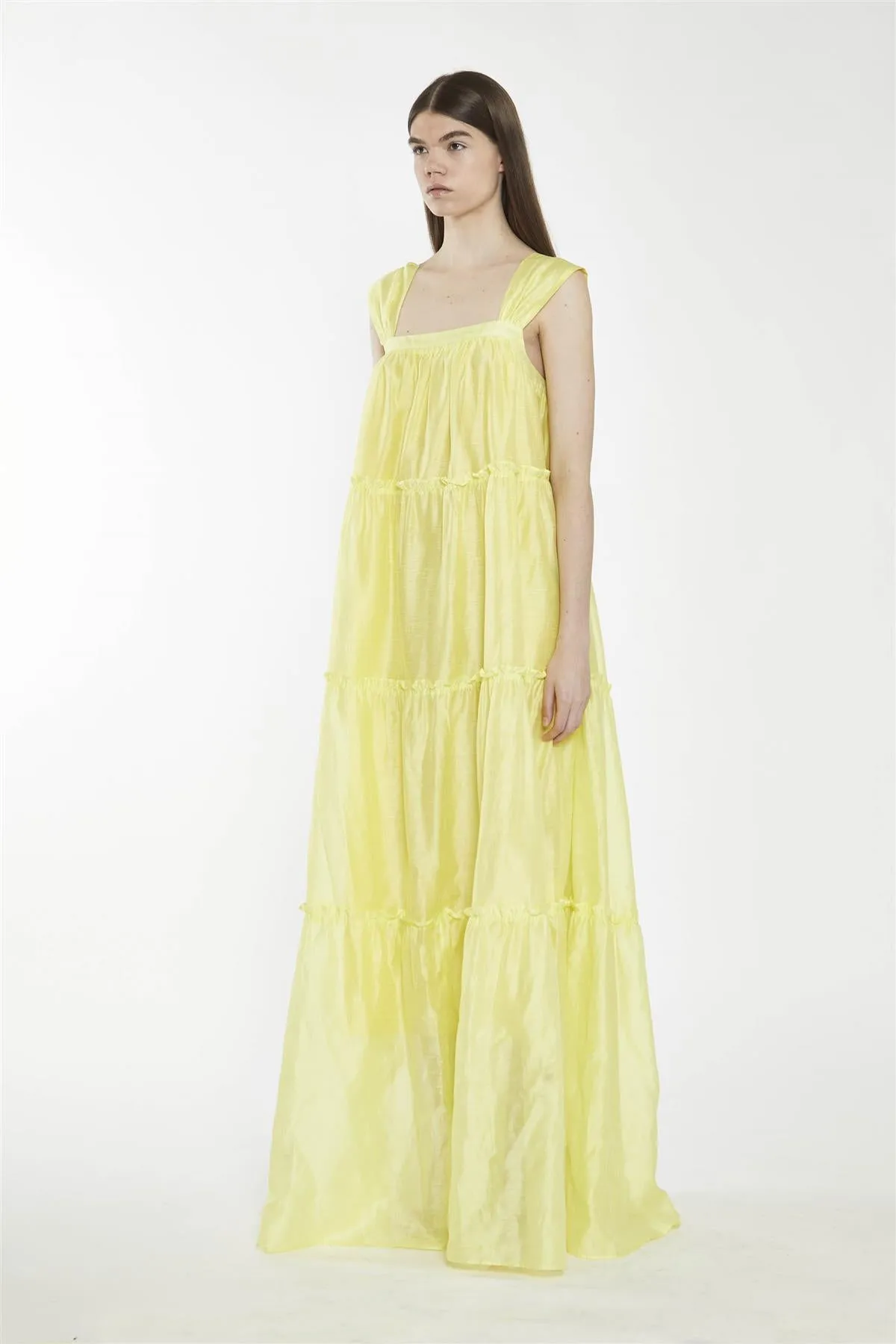 Lime Yellow Square-Neck Tiered Maxi-Dress