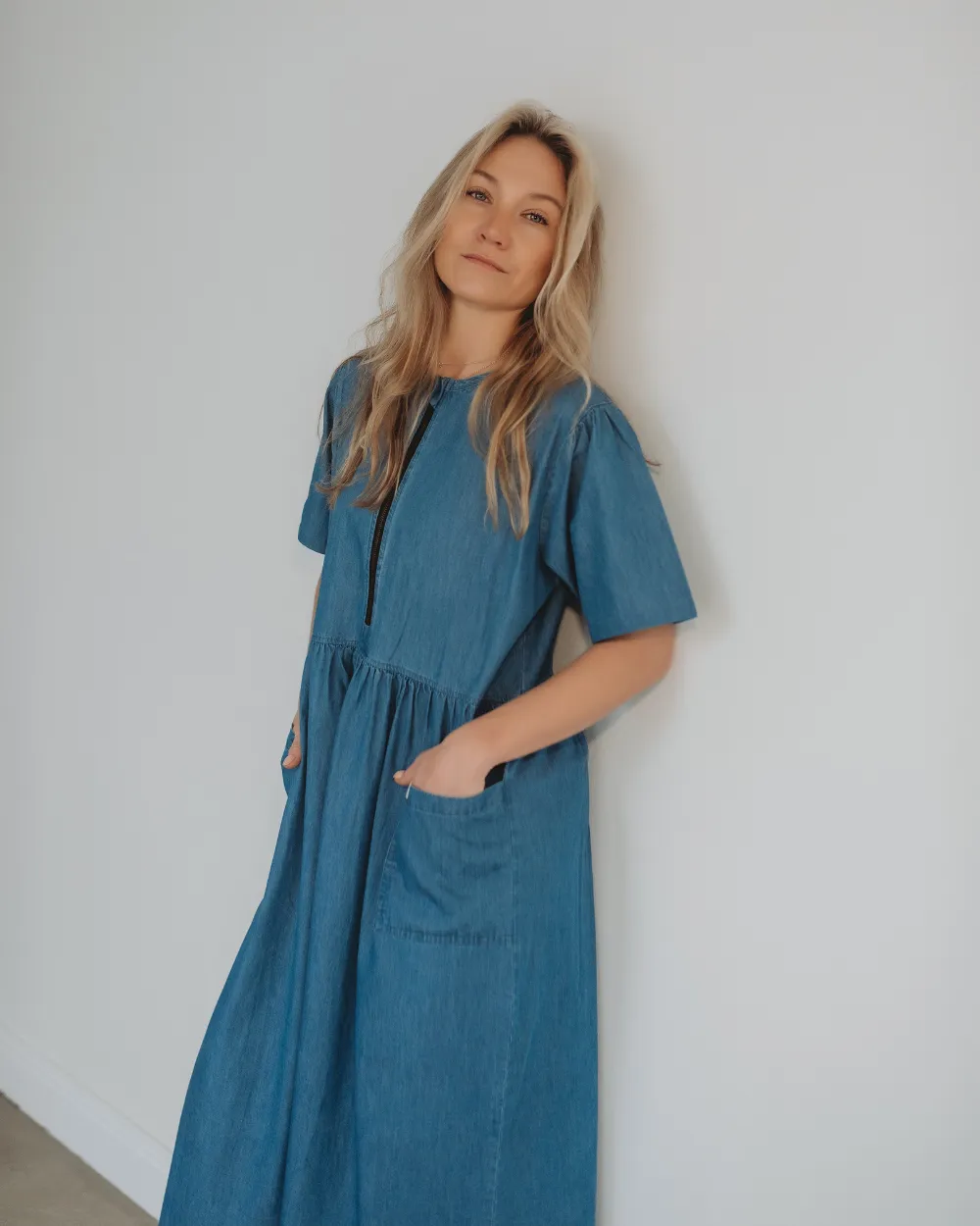 Magda Blue Short Sleeve Midi Dress