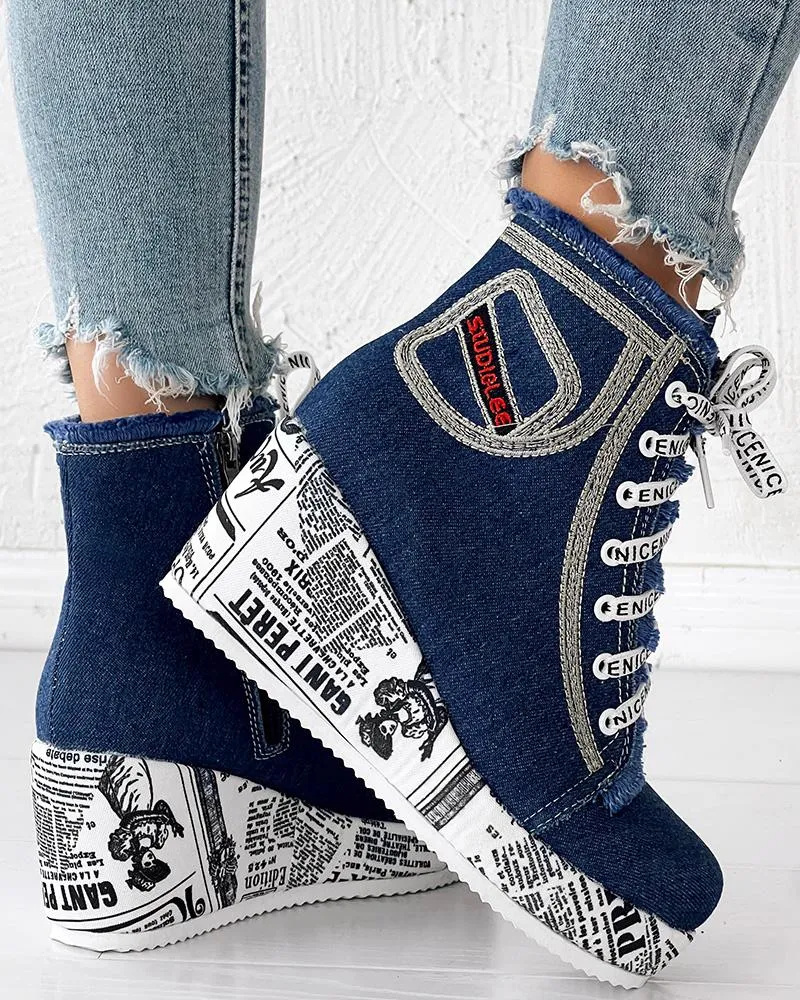 Newpaper Lace up Platform Wedge Ankle Boots
