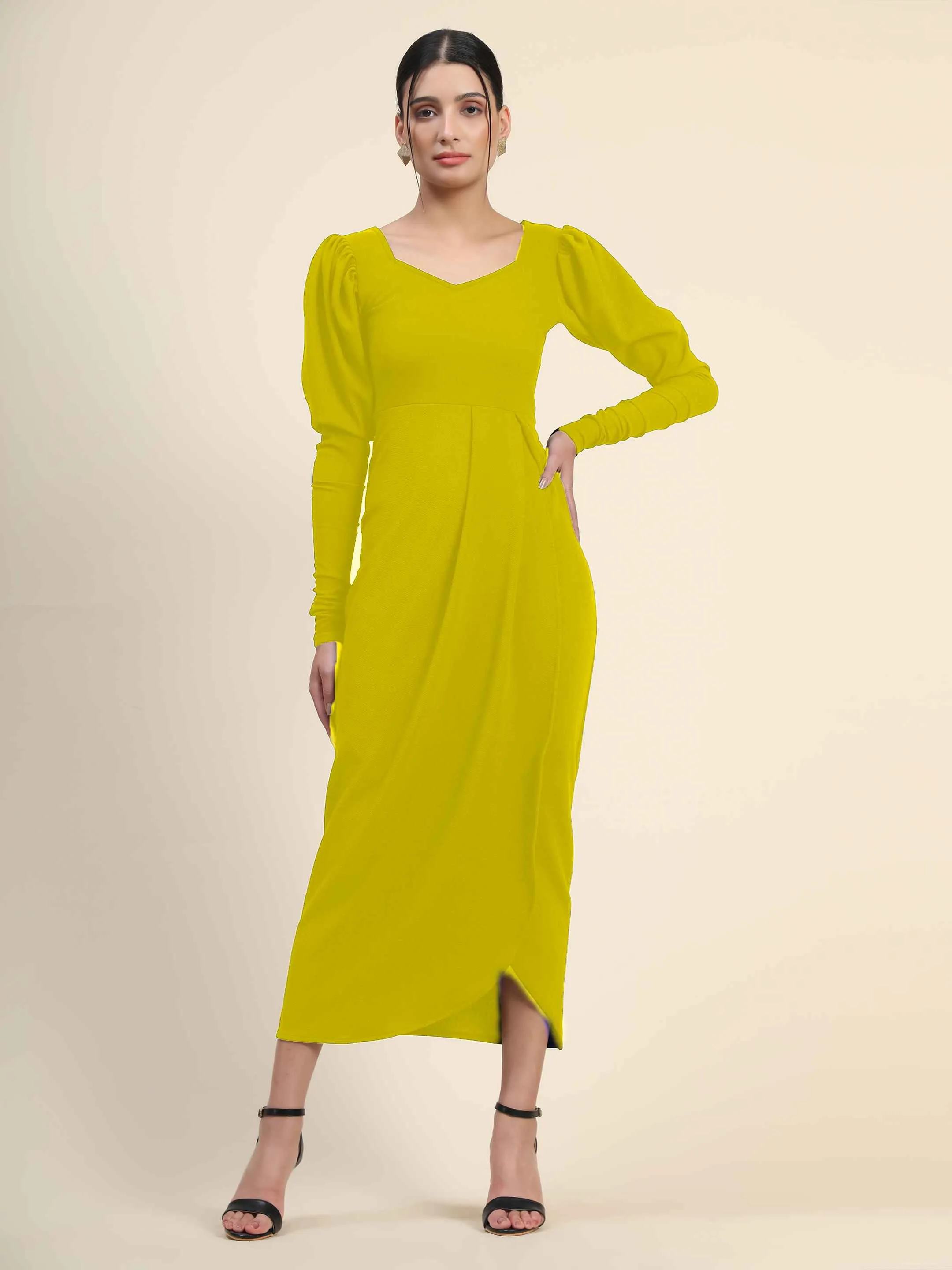 Rheycart Women's Cotton Lycra Solid V Neck Full Sleeve Mahendi Dress For Women