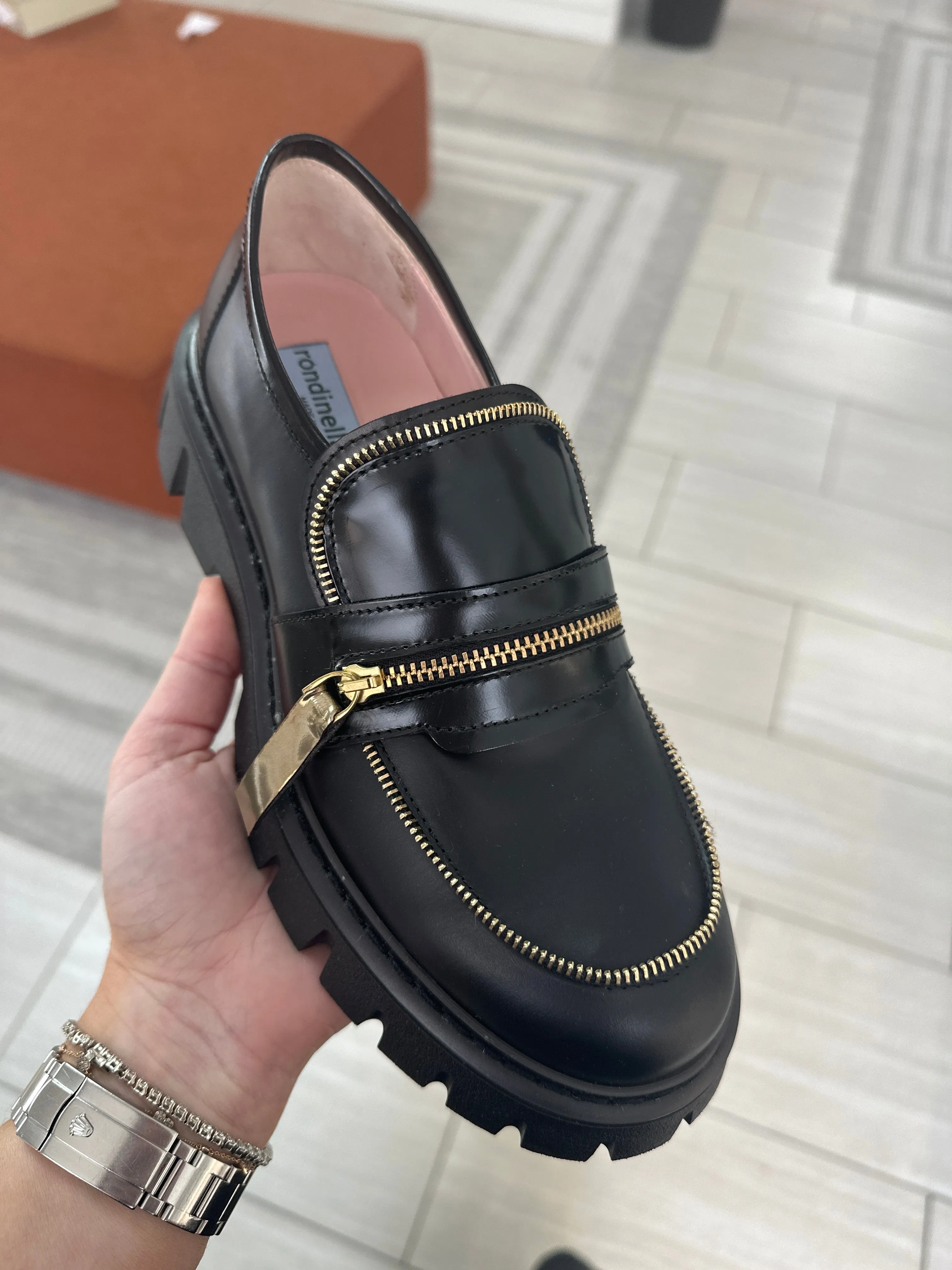 Rondinella Black and Gold Zipper Chunky Loafer