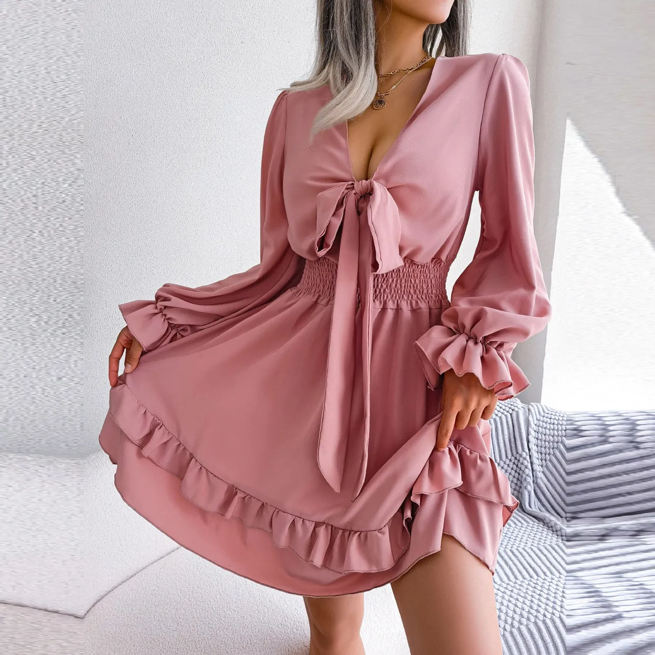 Sadie -  Pink Smocked Waist Ruffle Mini Dress