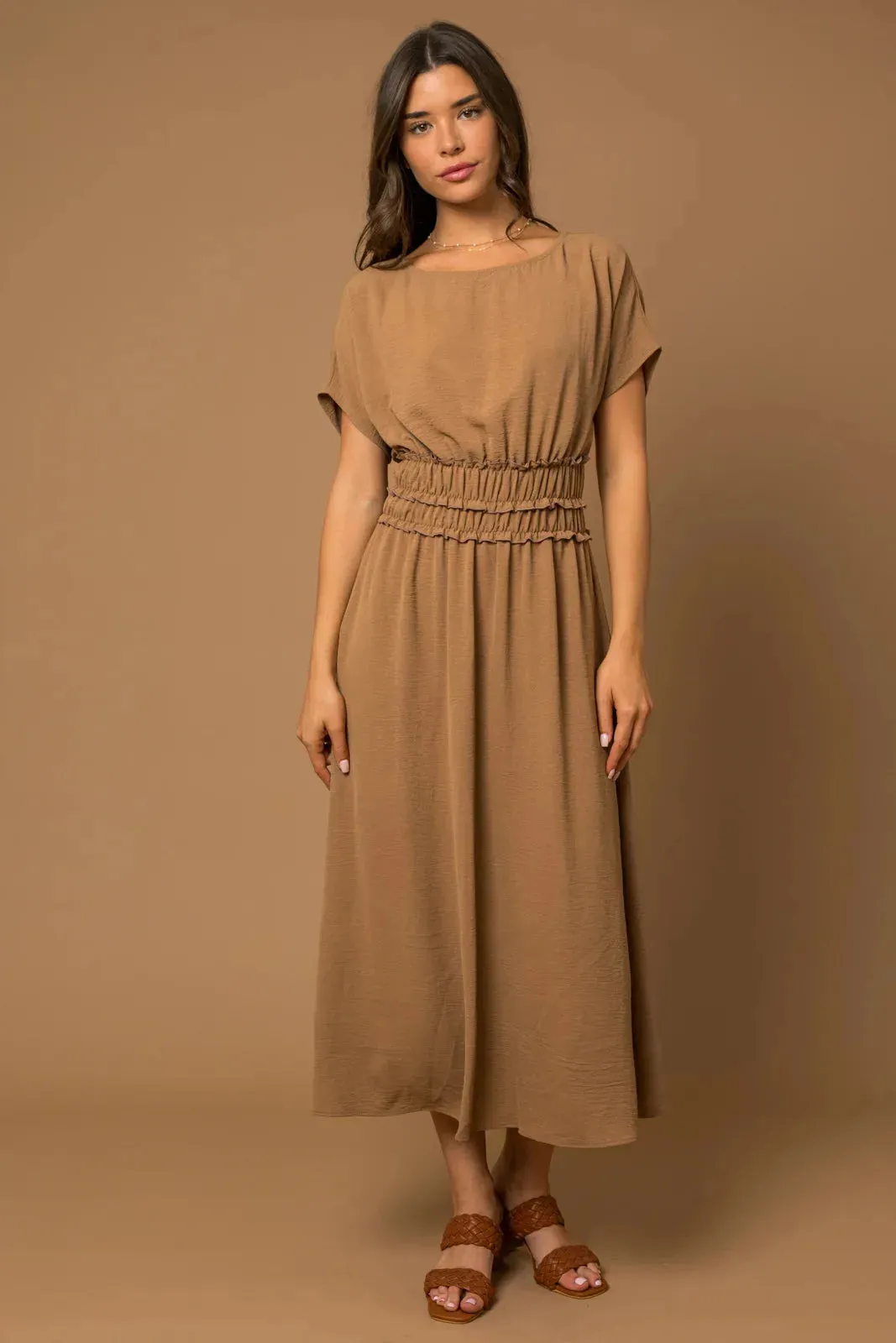 Short Cap Sleeve Smocked Waist Midi Dress