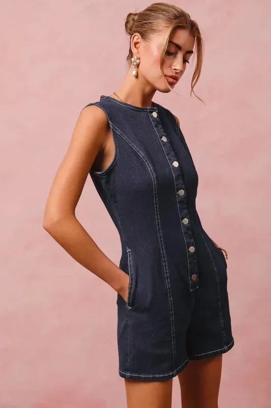 SO ME Button Up Front Washed Denim Sleeveless Romper