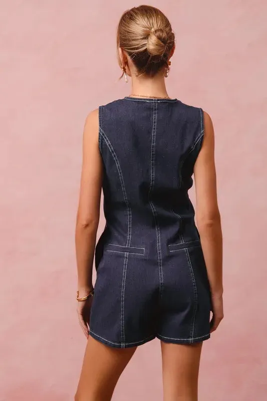 SO ME Button Up Front Washed Denim Sleeveless Romper