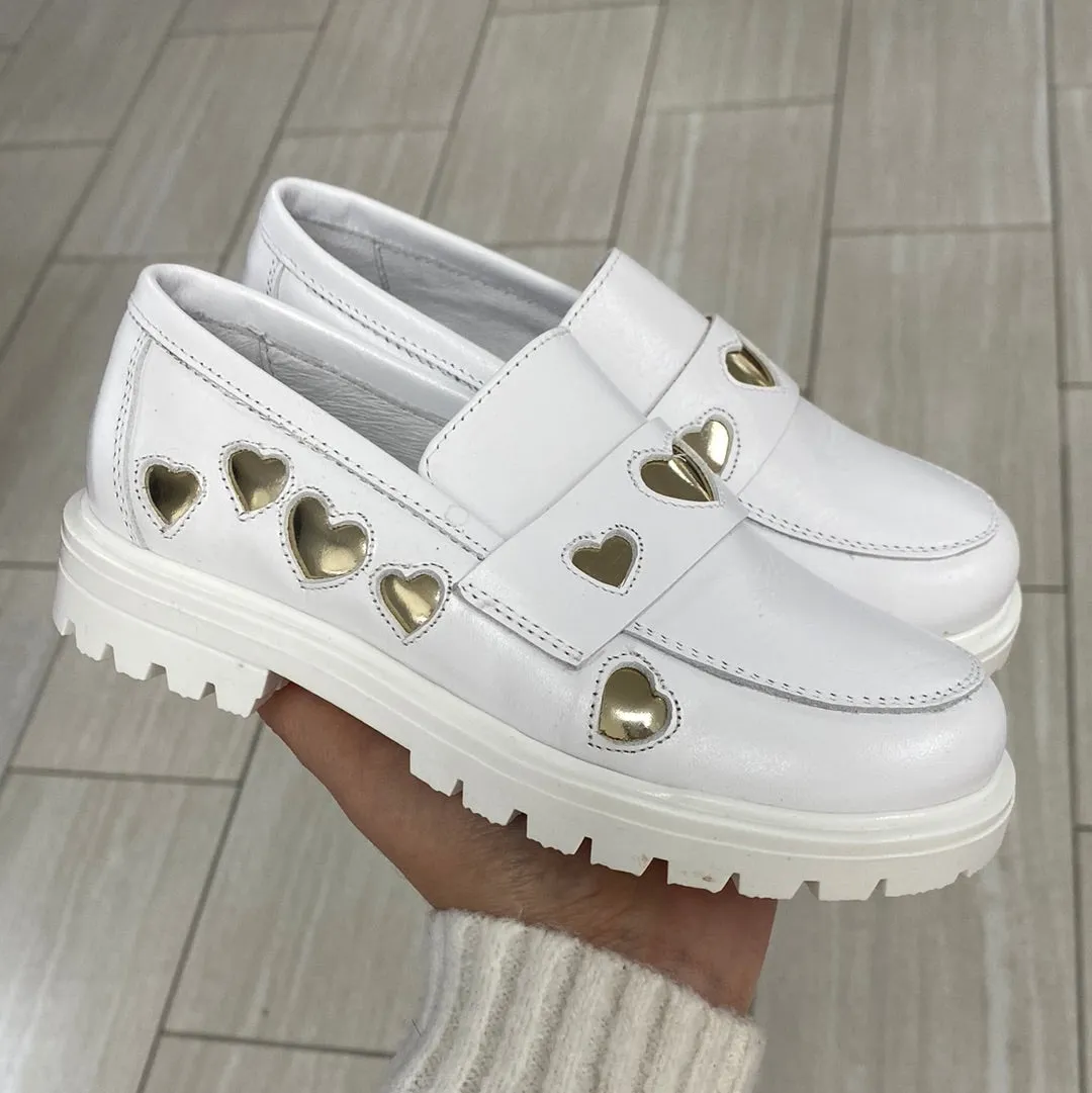 Spain Co White and Gold Heart Chunky Loafer
