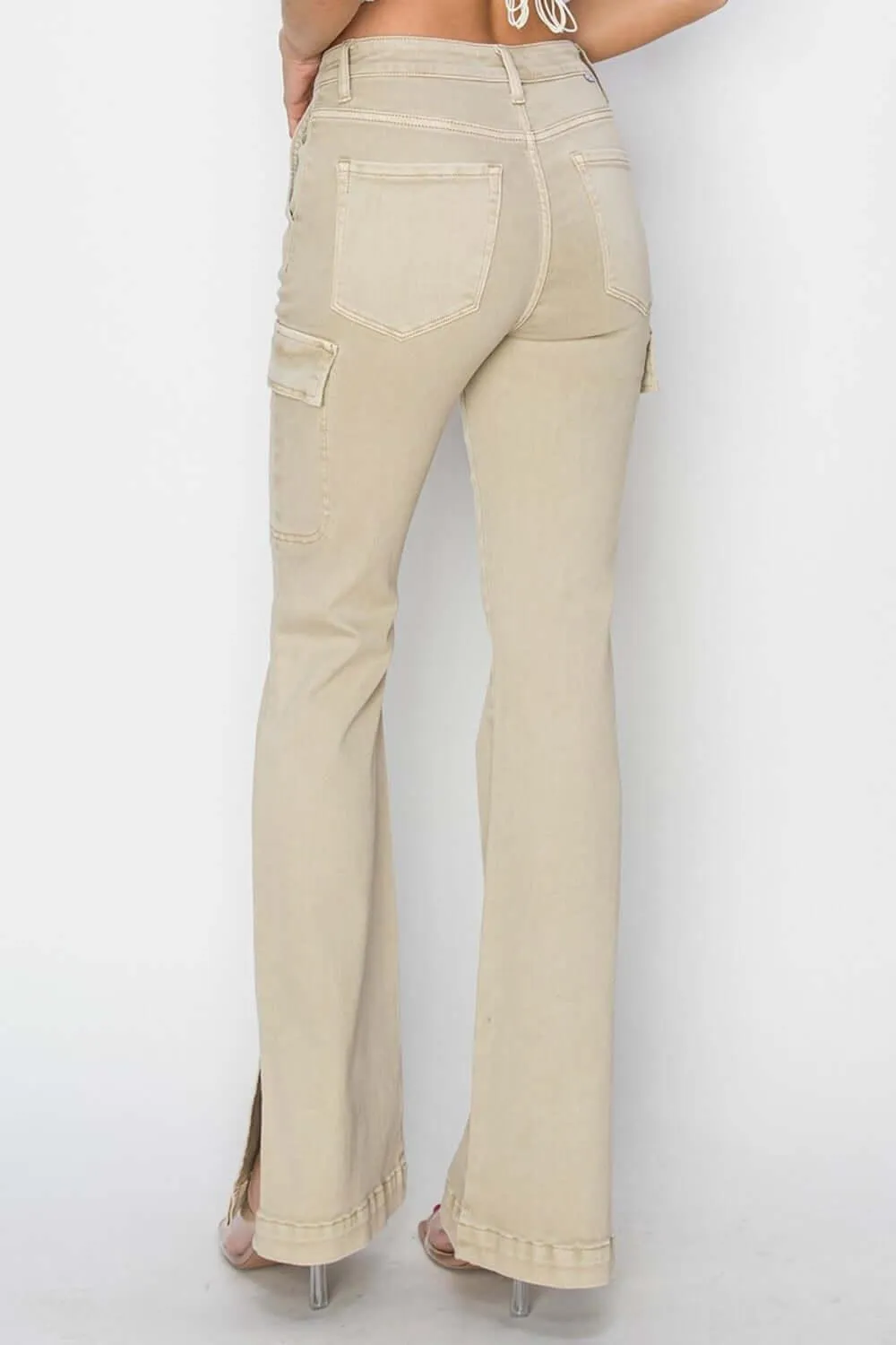 Tan High Rise Side Slit Cargo Bootcut Jeans – Trendy Style