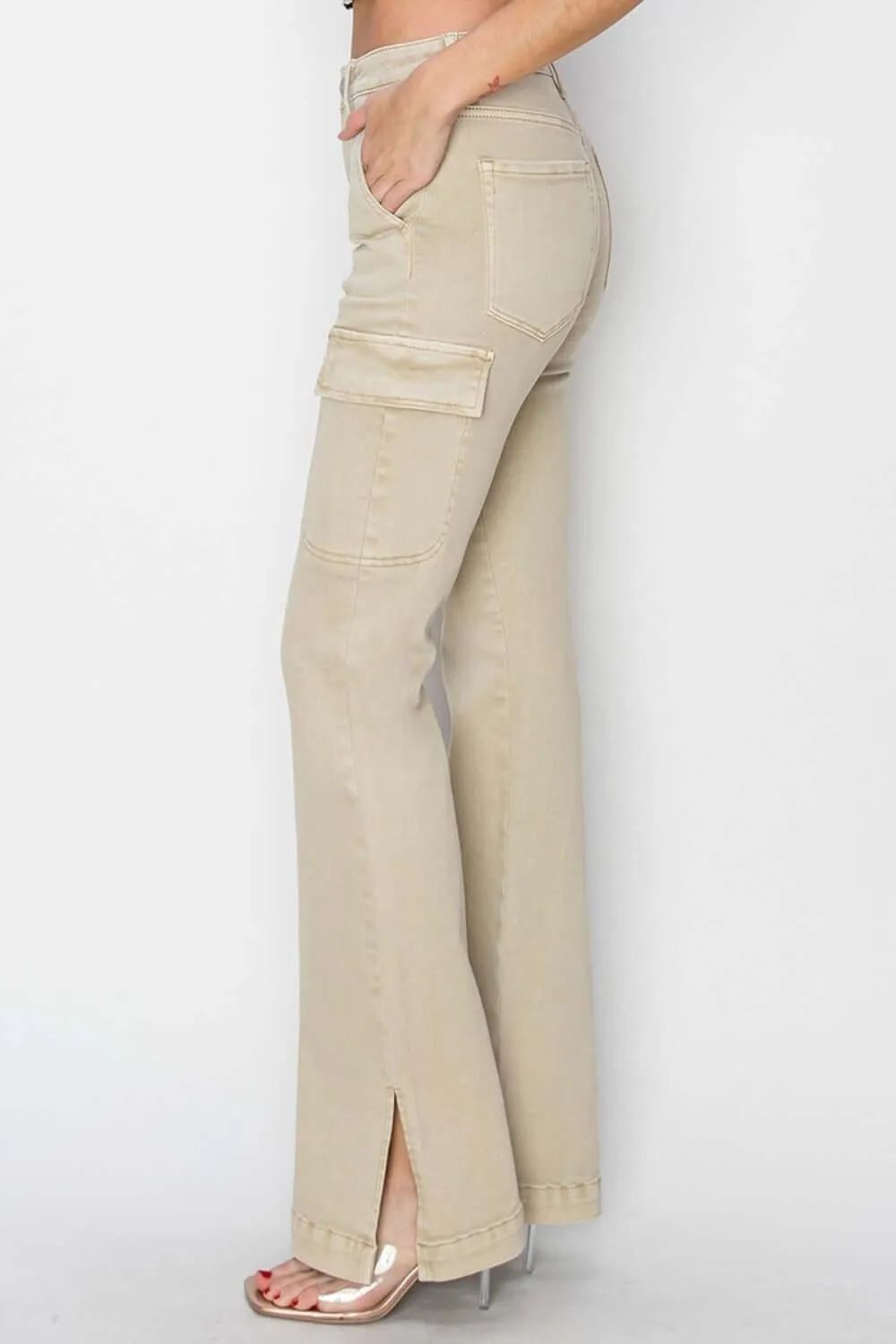 Tan High Rise Side Slit Cargo Bootcut Jeans – Trendy Style