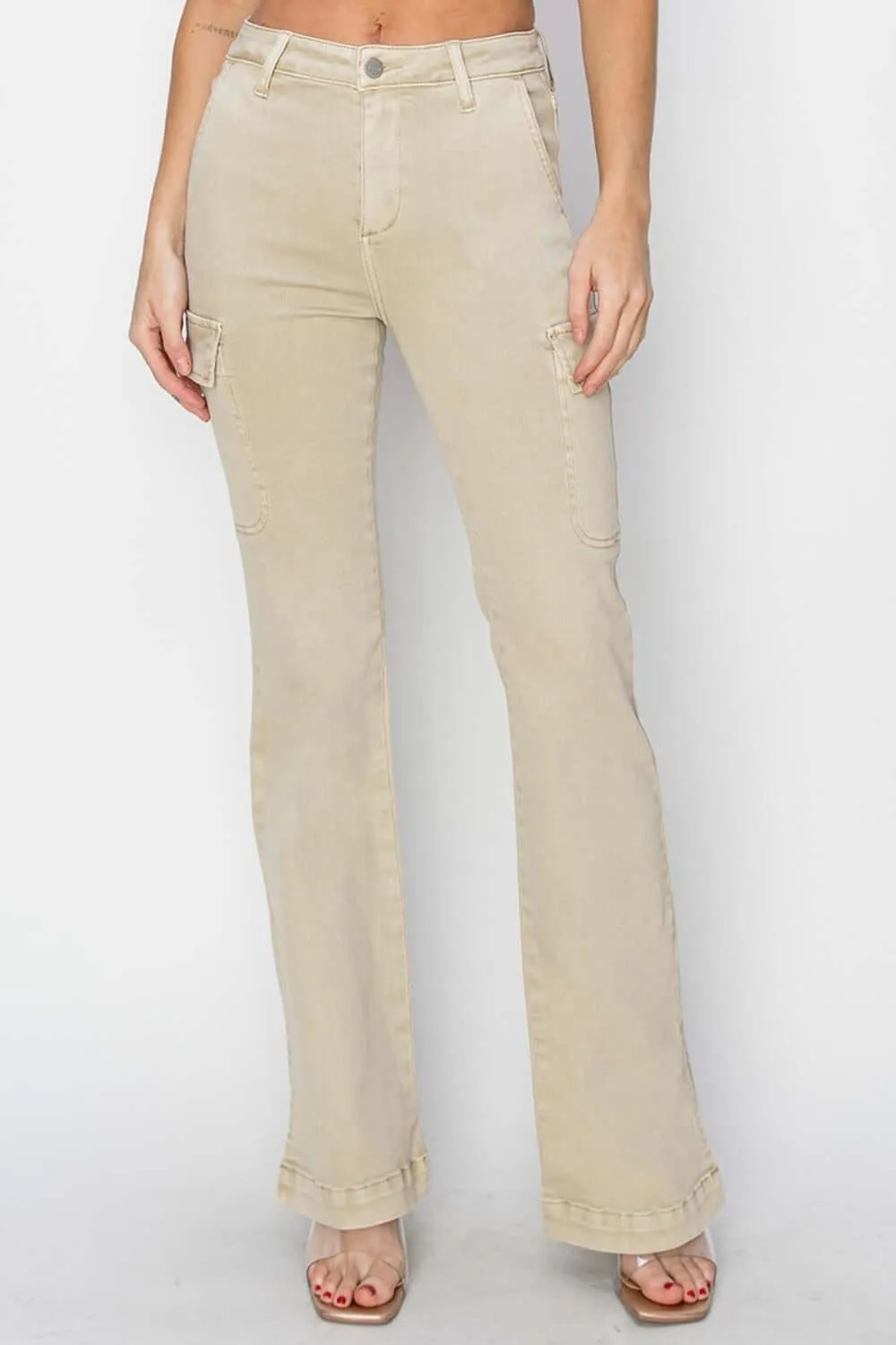 Tan High Rise Side Slit Cargo Bootcut Jeans – Trendy Style