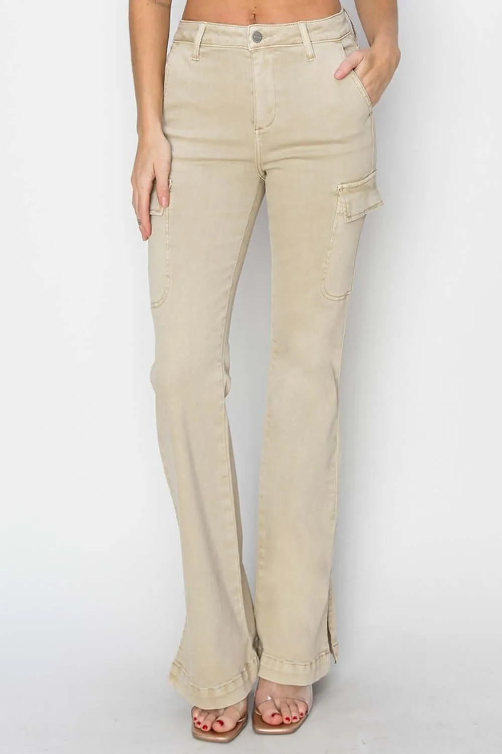 Tan High Rise Side Slit Cargo Bootcut Jeans – Trendy Style