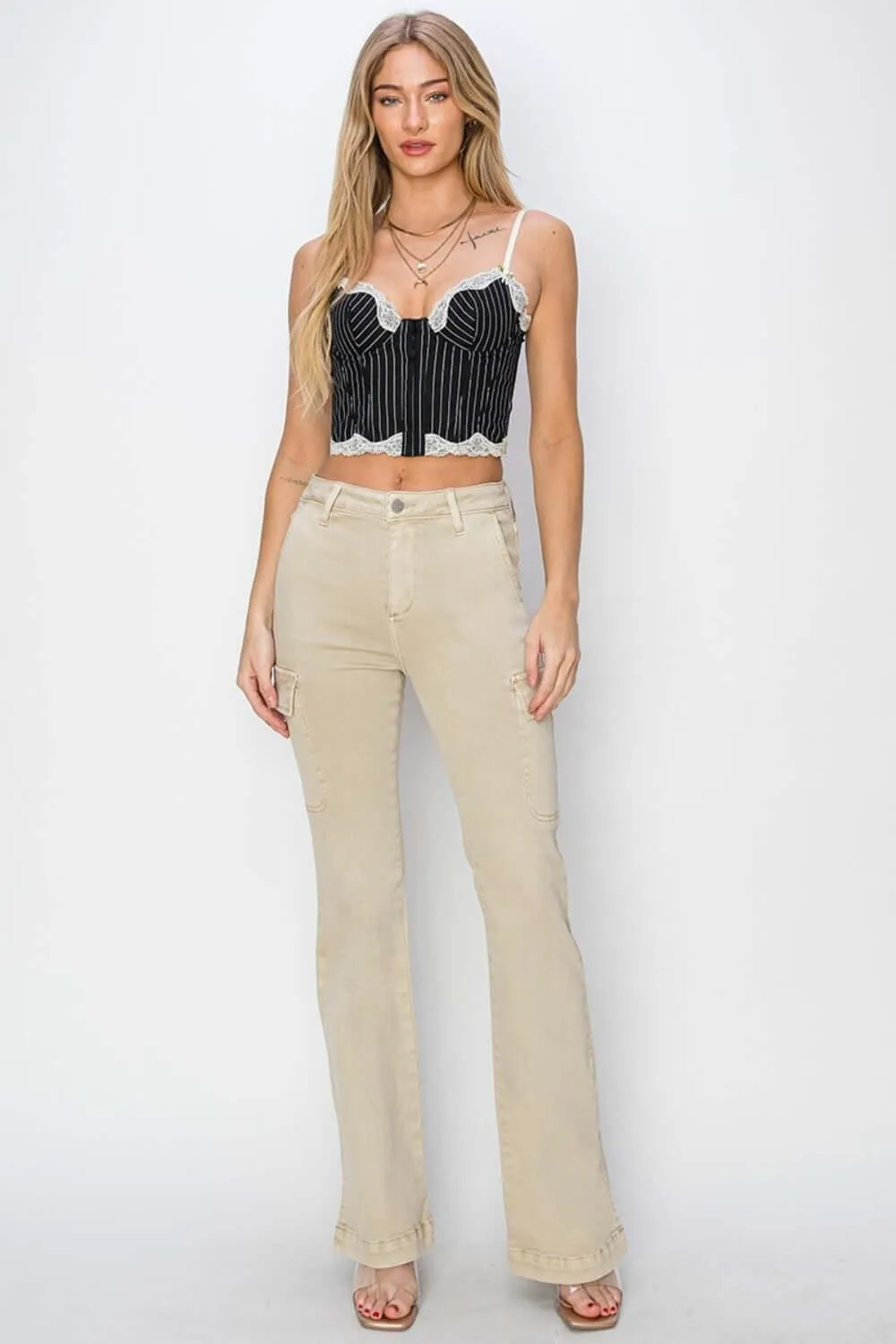 Tan High Rise Side Slit Cargo Bootcut Jeans – Trendy Style