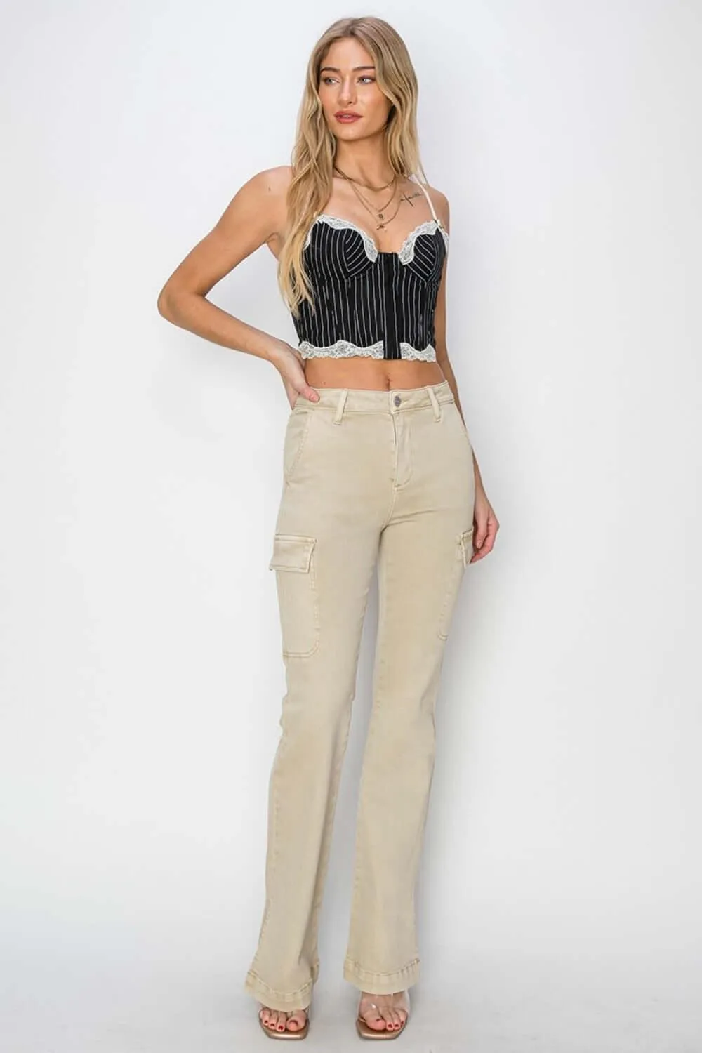 Tan High Rise Side Slit Cargo Bootcut Jeans – Trendy Style
