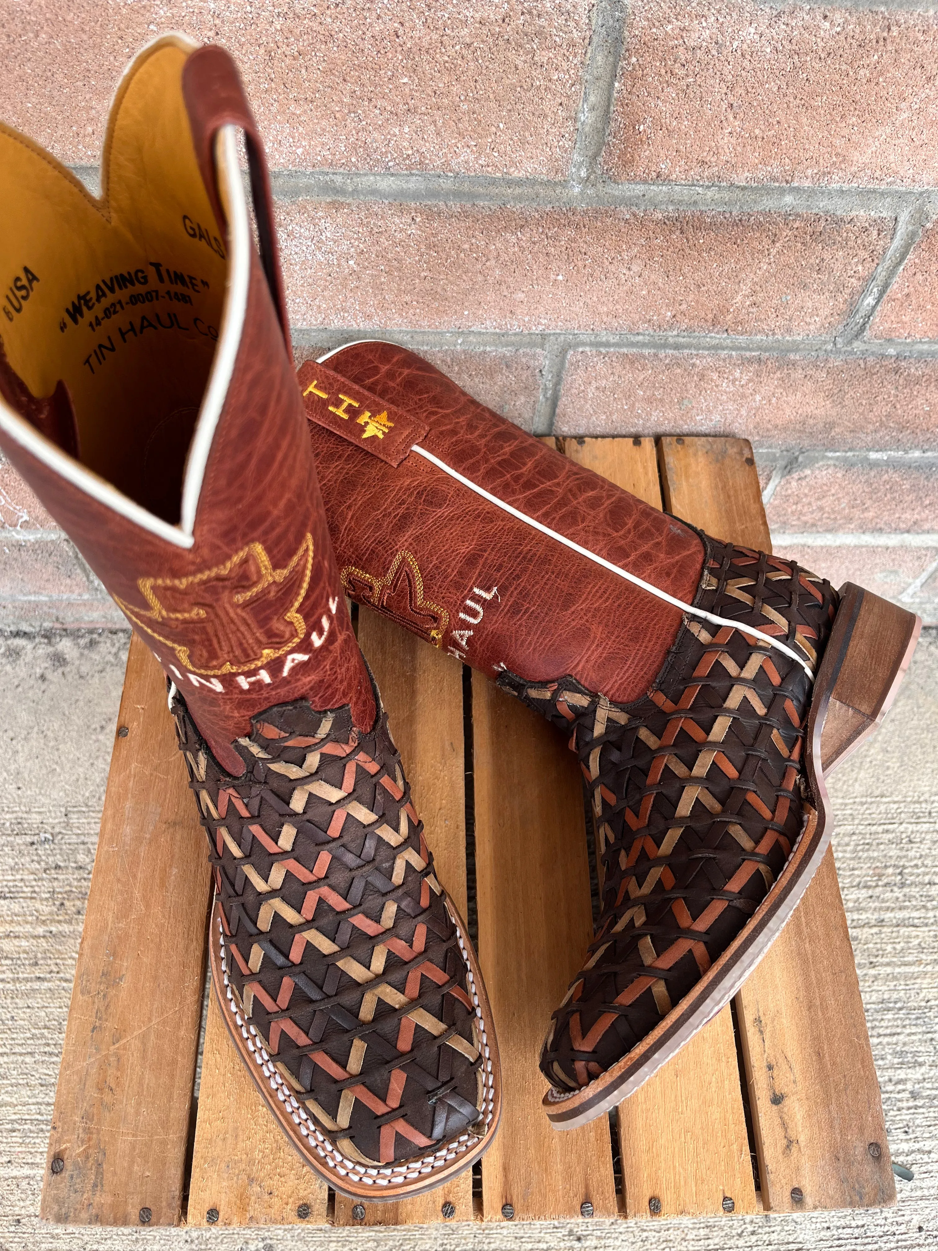 Tin Haul Women's Weaving Time Brown/Rust Basketweave Cowgirl Boots 0007-1481