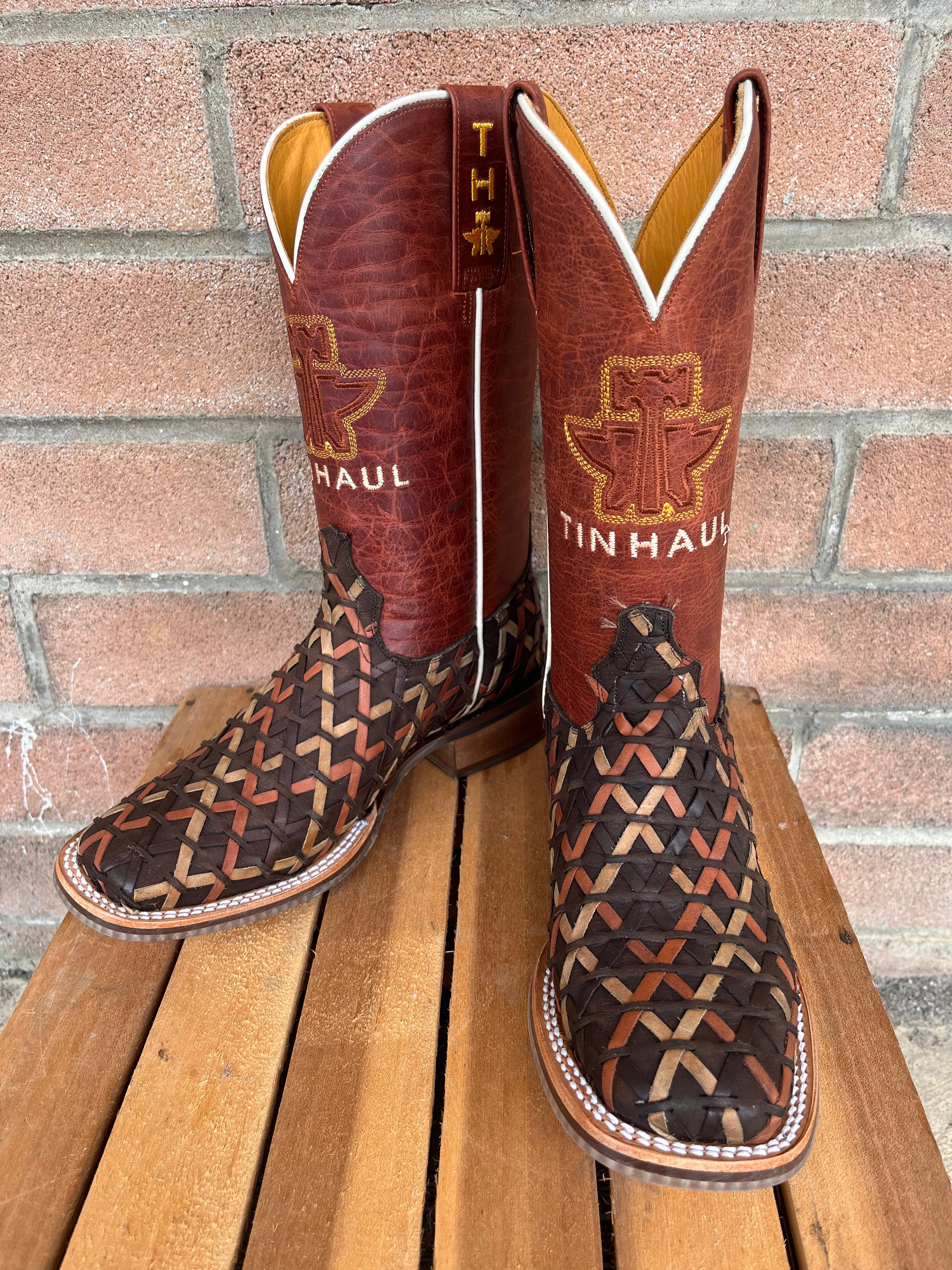 Tin Haul Women's Weaving Time Brown/Rust Basketweave Cowgirl Boots 0007-1481