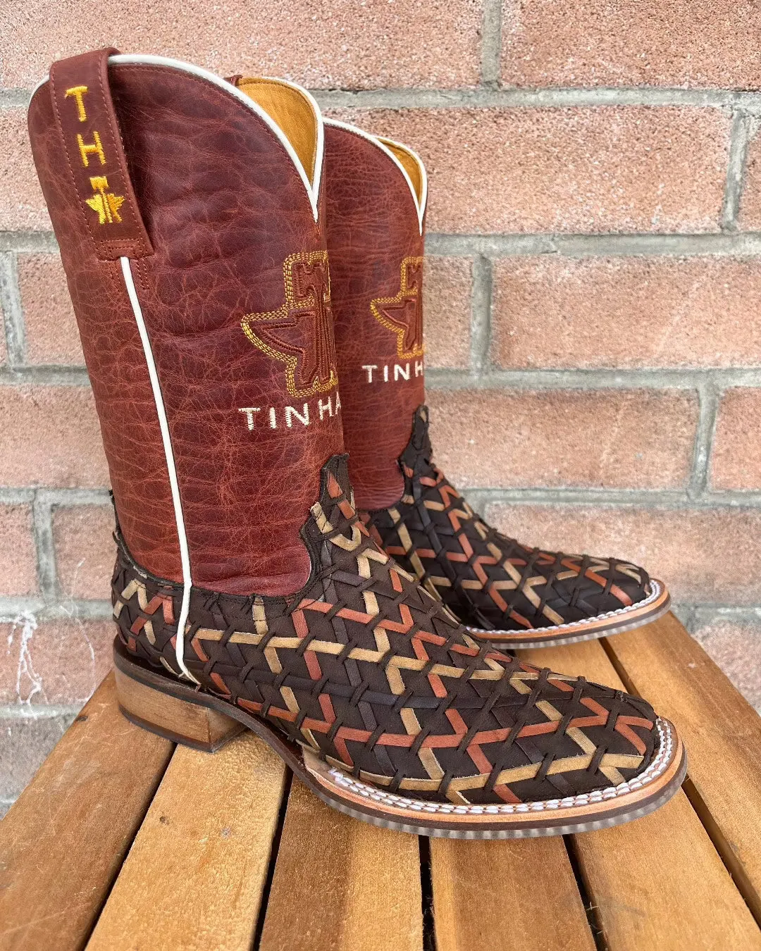 Tin Haul Women's Weaving Time Brown/Rust Basketweave Cowgirl Boots 0007-1481
