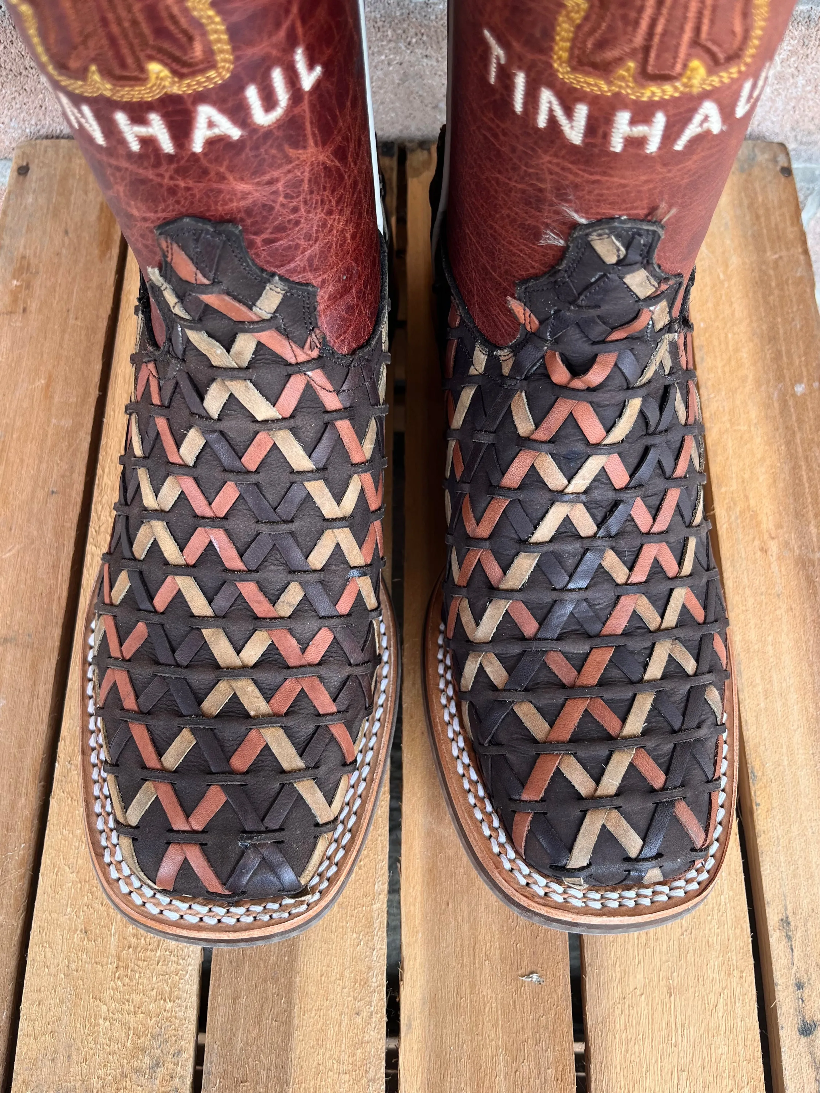 Tin Haul Women's Weaving Time Brown/Rust Basketweave Cowgirl Boots 0007-1481