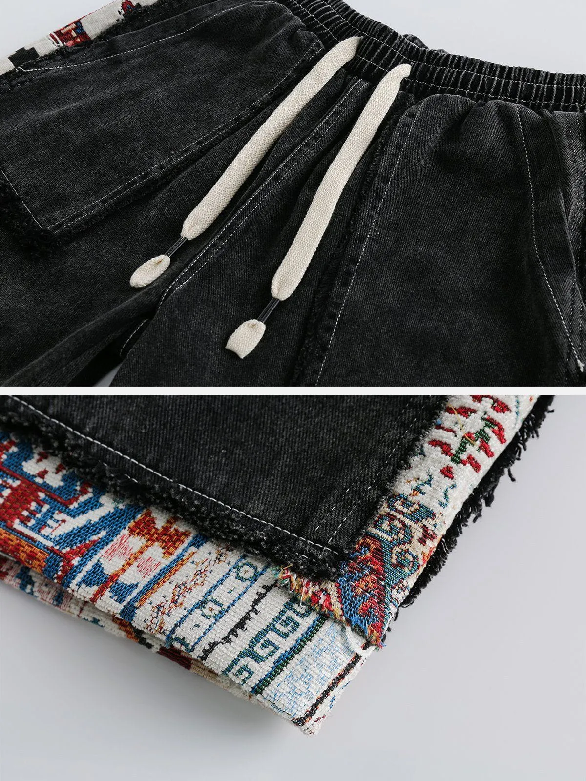 Tribe Culture Pattern Denim Washed Shorts