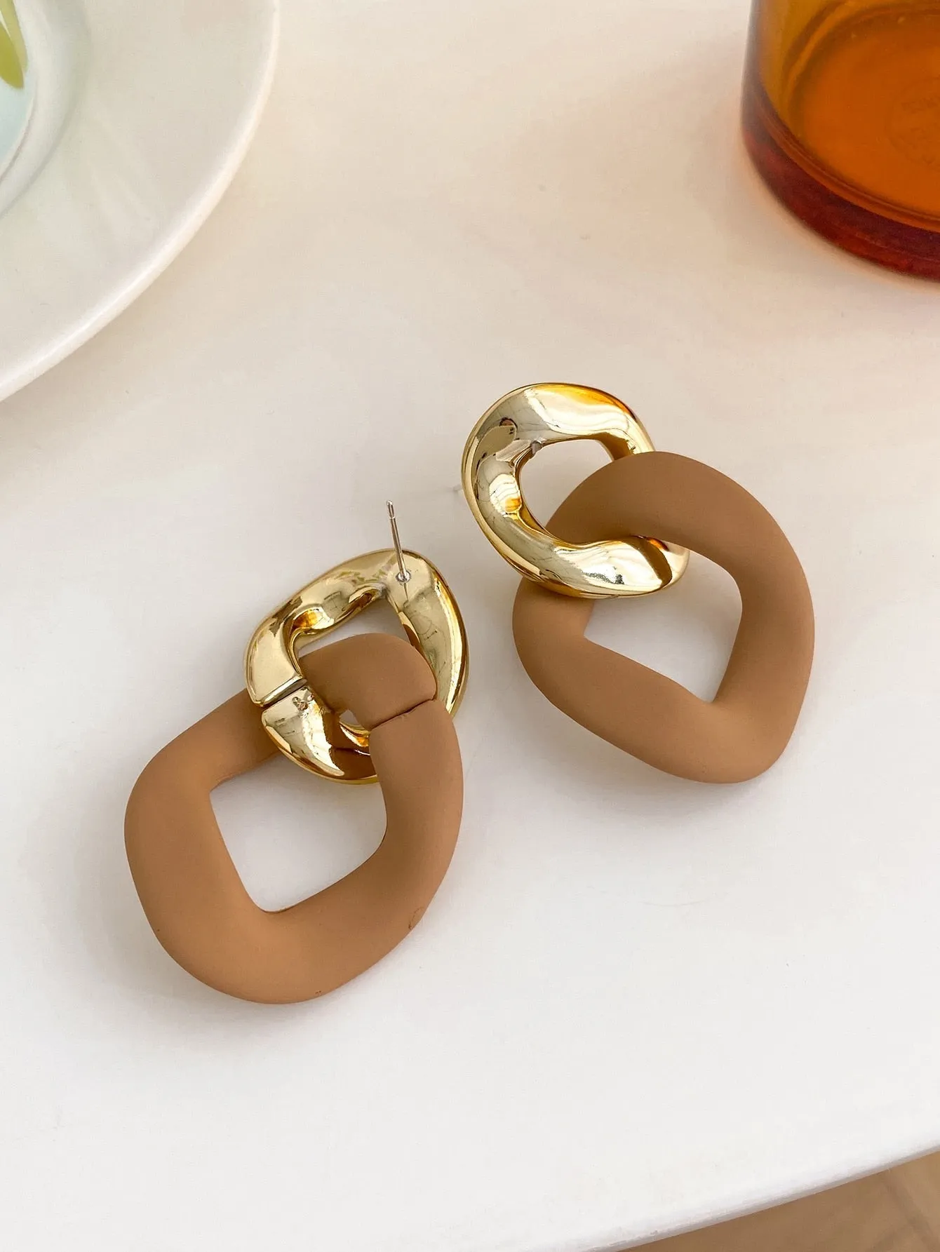 Two Tone Chain Design Drop Earrings   - Khaki