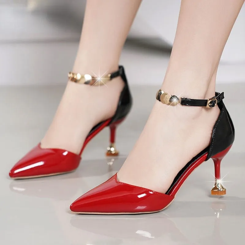 Women Fashion Sweet Pointed Toe Buckles Strap Stiletto Heels Lady Cool Red Party Heel Shoes  White Heels