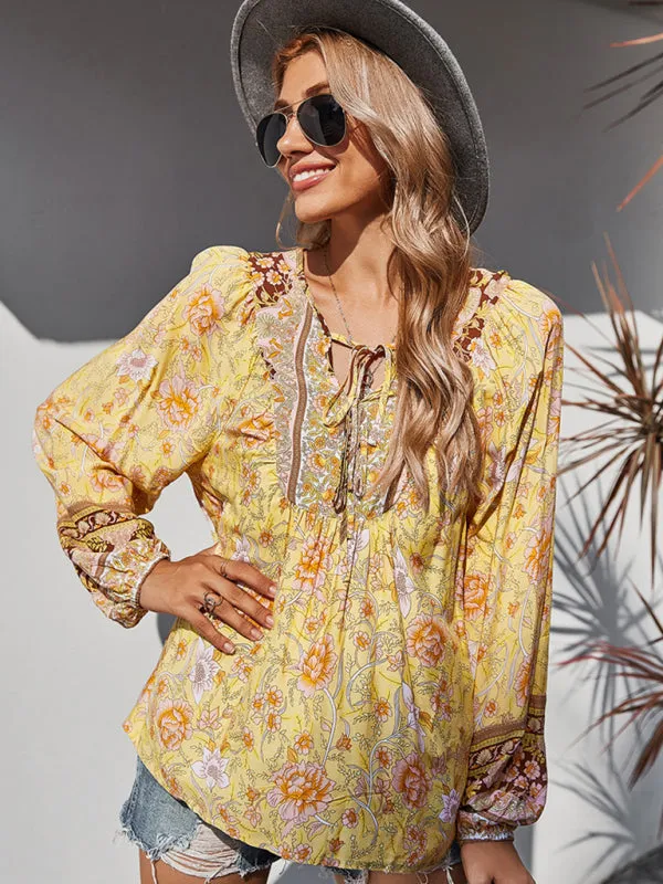 Women's Lace Up Romantic Holiday Print Top