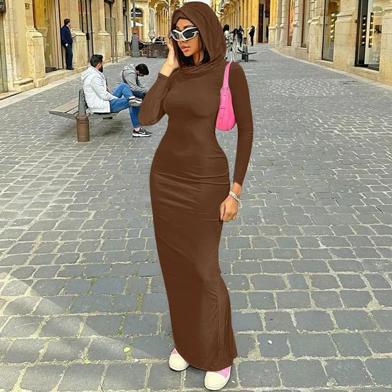 Women's New Fashionable Solid Color Slimming Hooded Dress – High Street Elegance