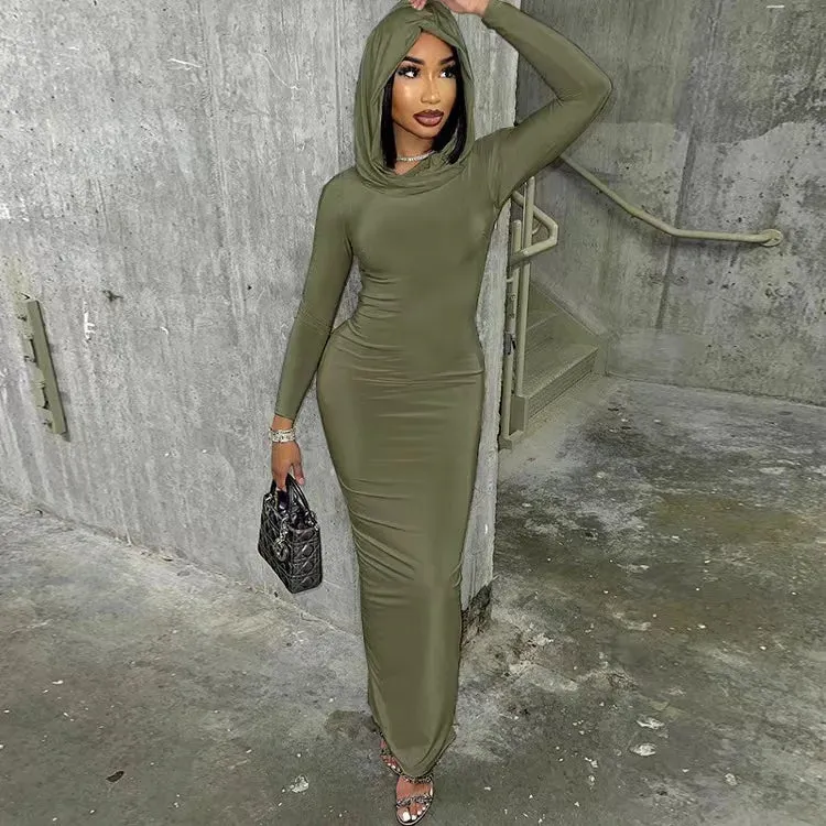 Women's New Fashionable Solid Color Slimming Hooded Dress – High Street Elegance