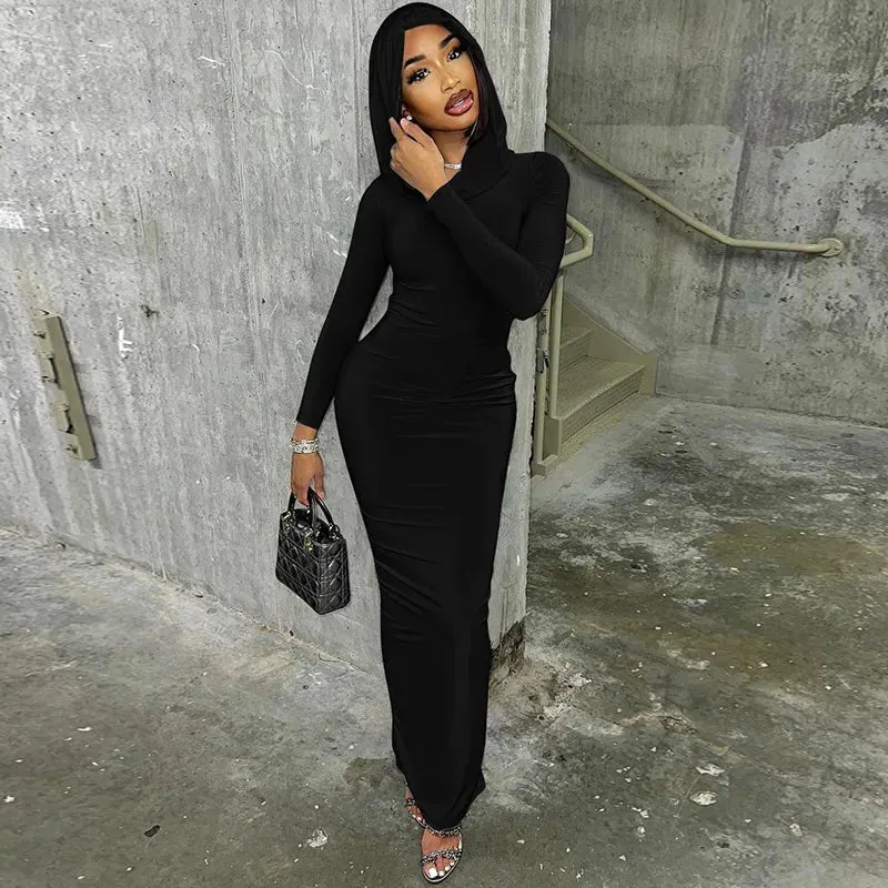 Women's New Fashionable Solid Color Slimming Hooded Dress – High Street Elegance