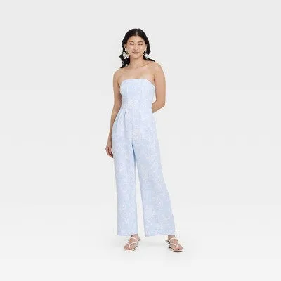 Women's S Jumpsuit - A New Day Blue Floral Polyester, Side Zipper, Side Pocket, Machine Washable