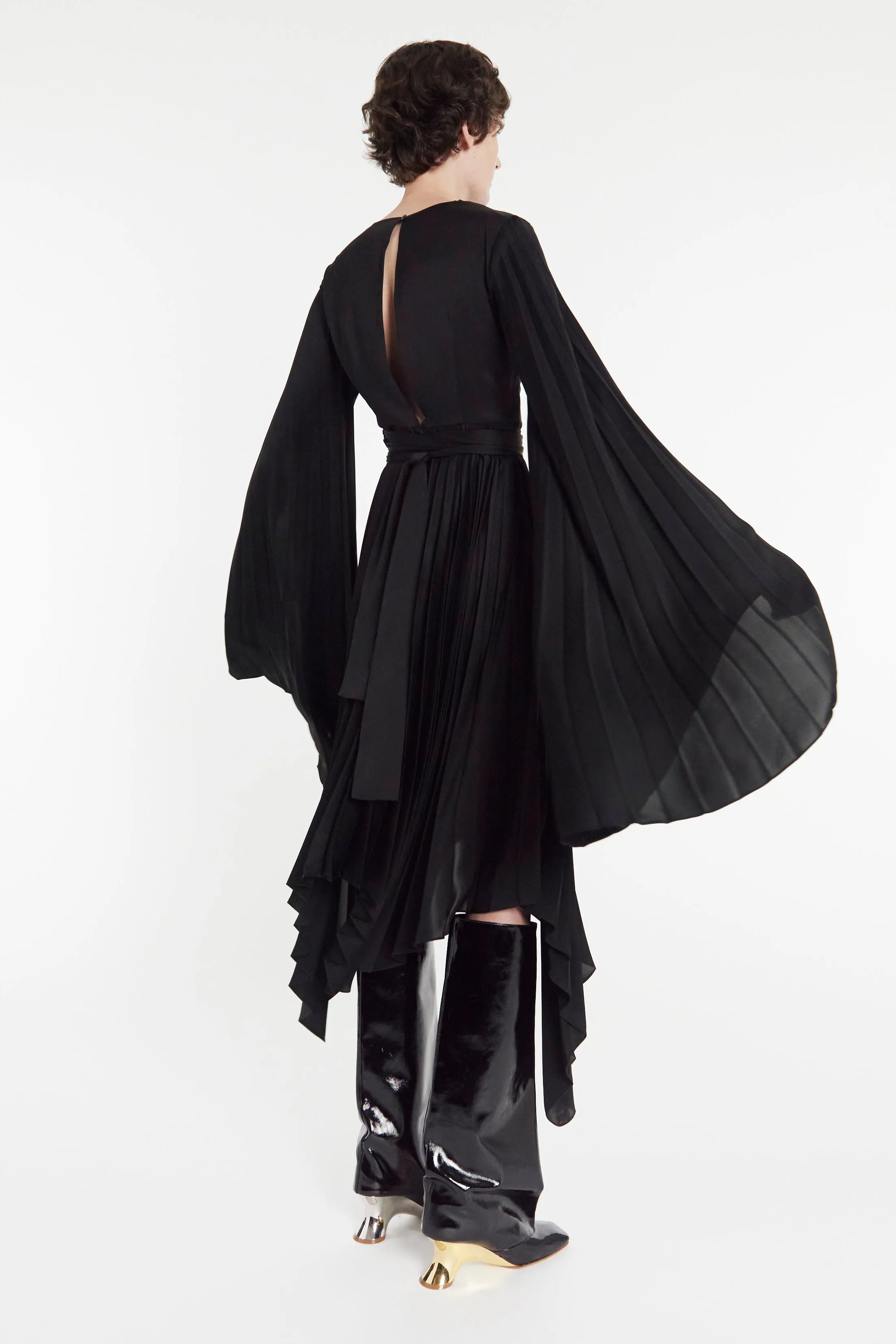 Wrap Around Midi Dress With Pleated Skirt And Sleeves Black