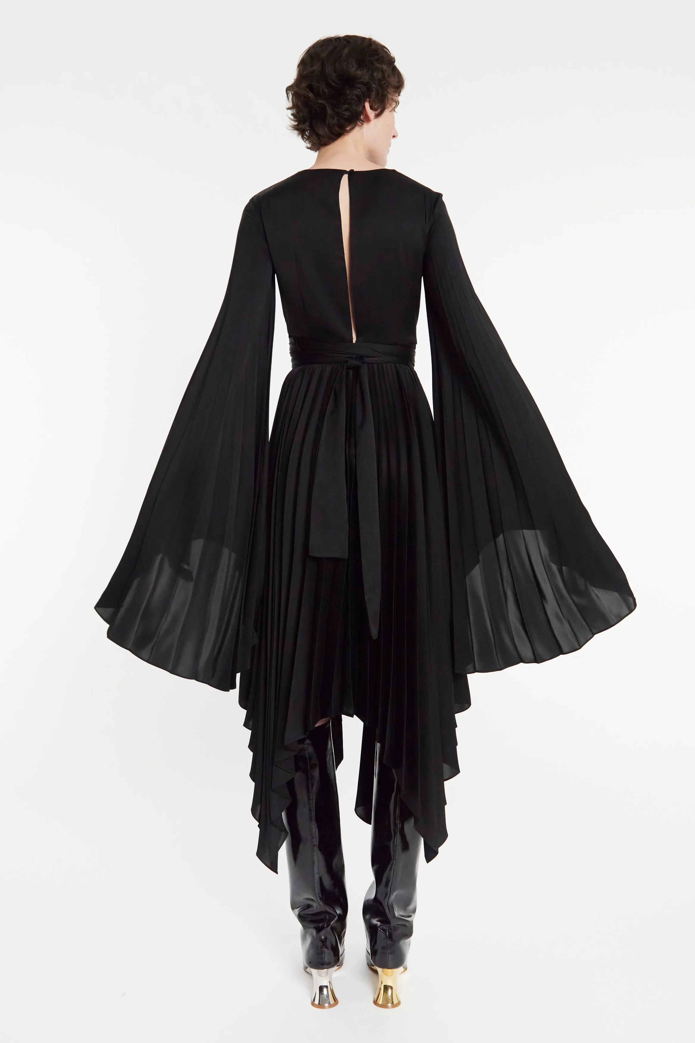 Wrap Around Midi Dress With Pleated Skirt And Sleeves Black