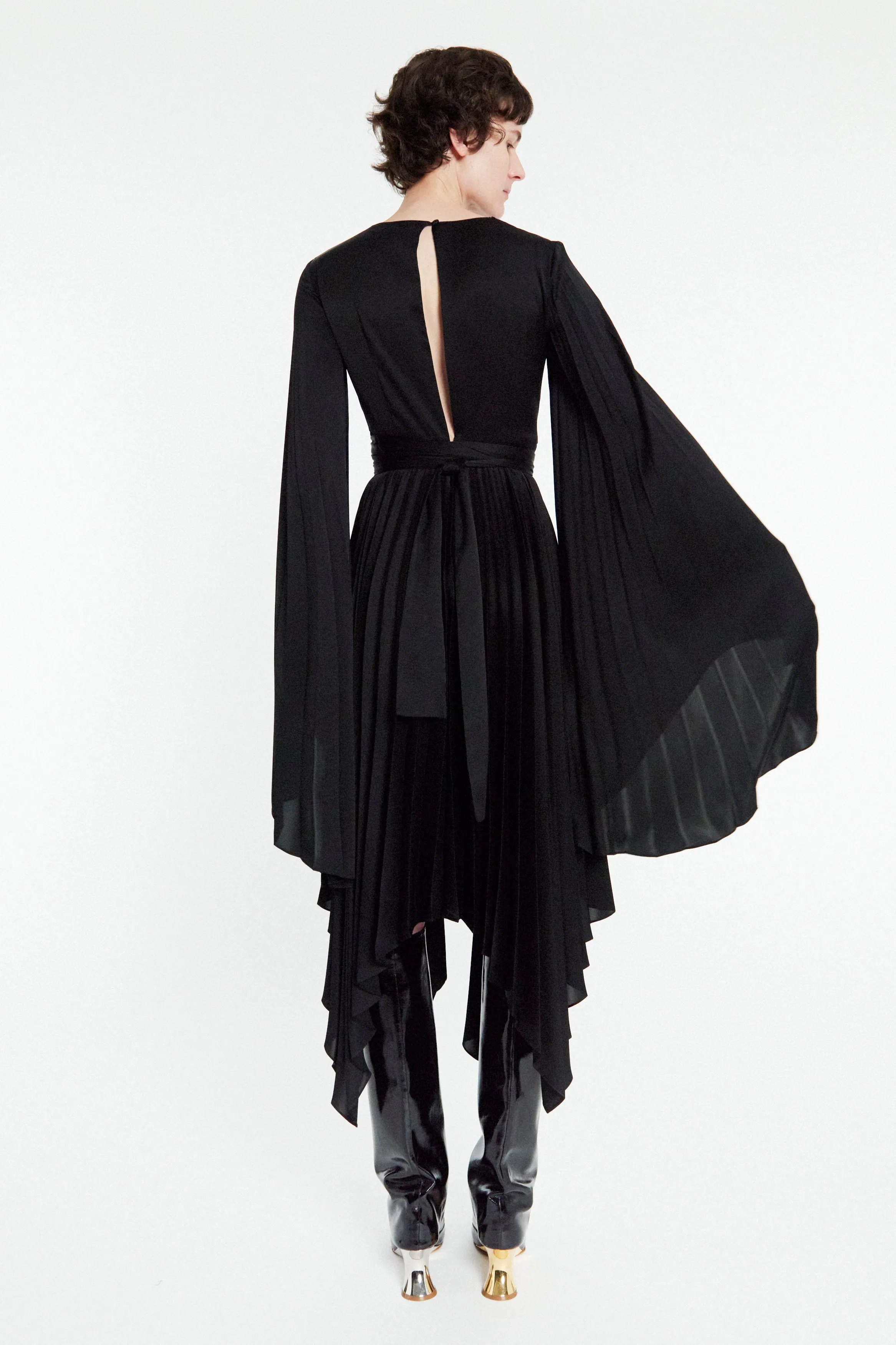 Wrap Around Midi Dress With Pleated Skirt And Sleeves Black