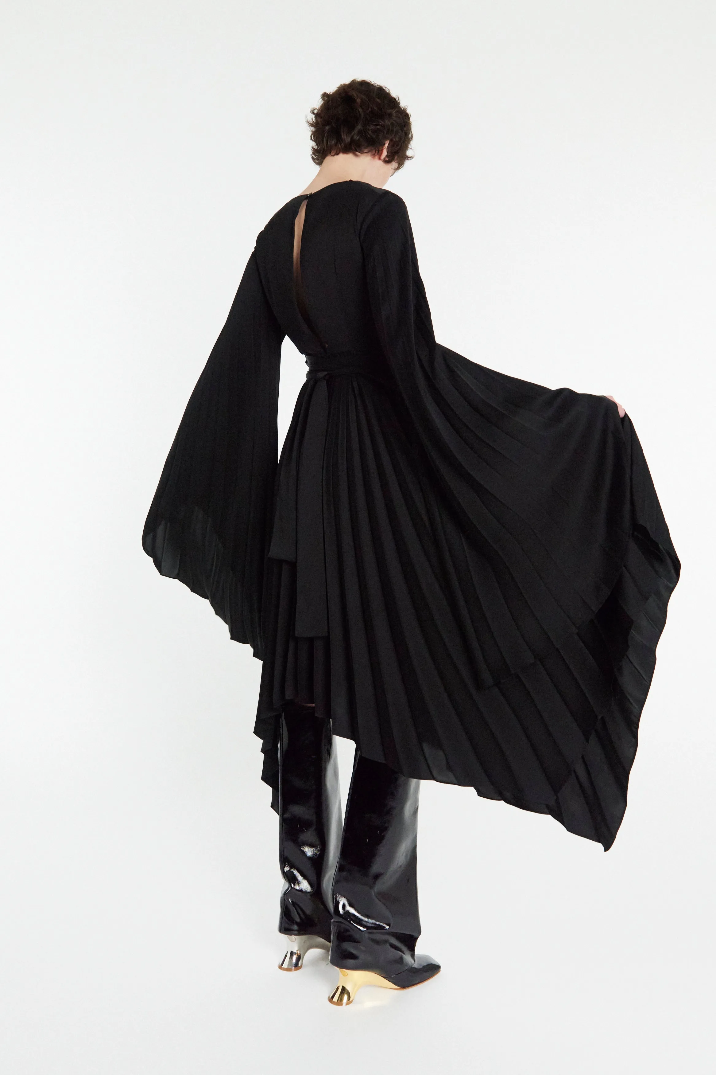 Wrap Around Midi Dress With Pleated Skirt And Sleeves Black