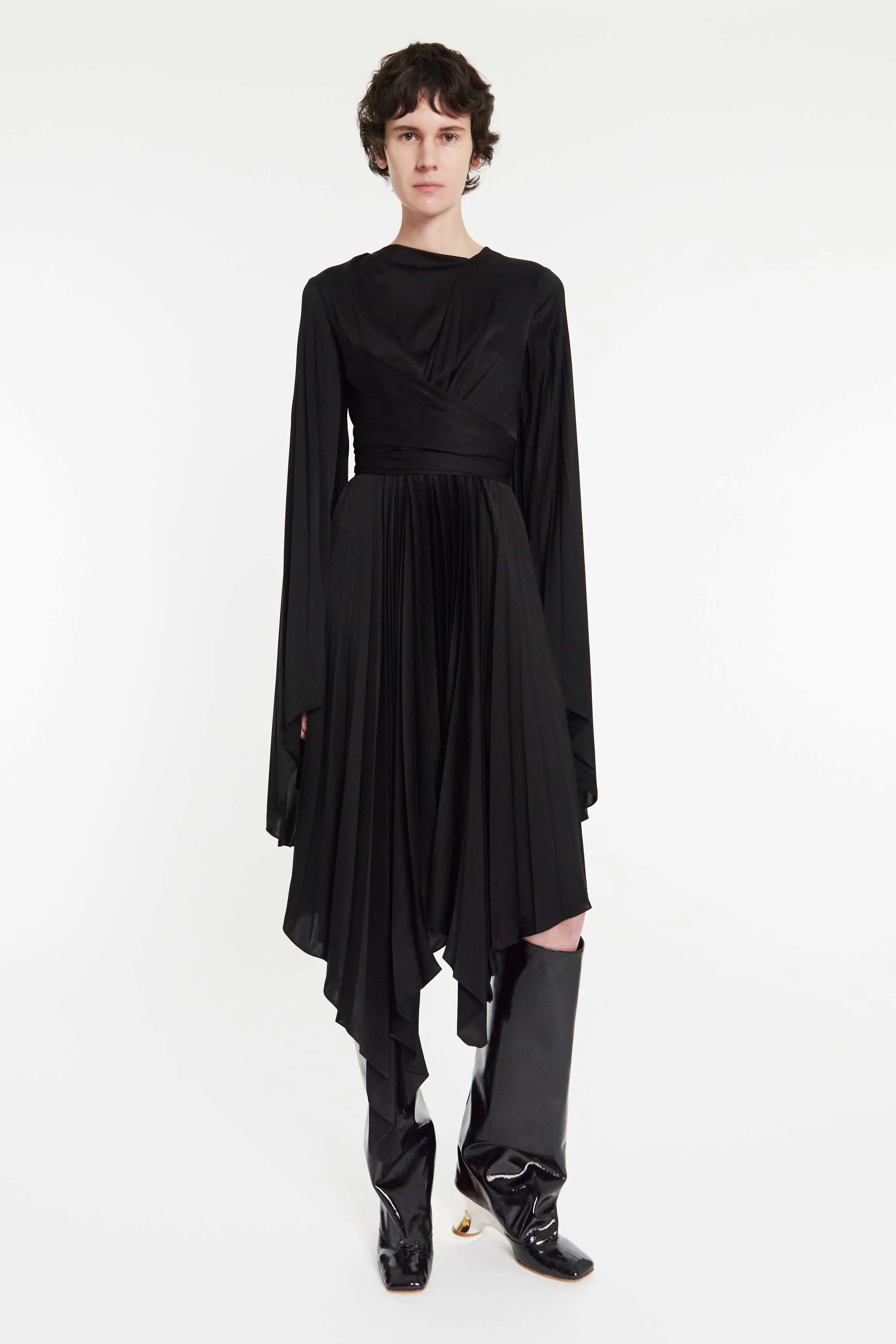 Wrap Around Midi Dress With Pleated Skirt And Sleeves Black