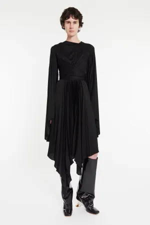 Wrap Around Midi Dress With Pleated Skirt And Sleeves Black