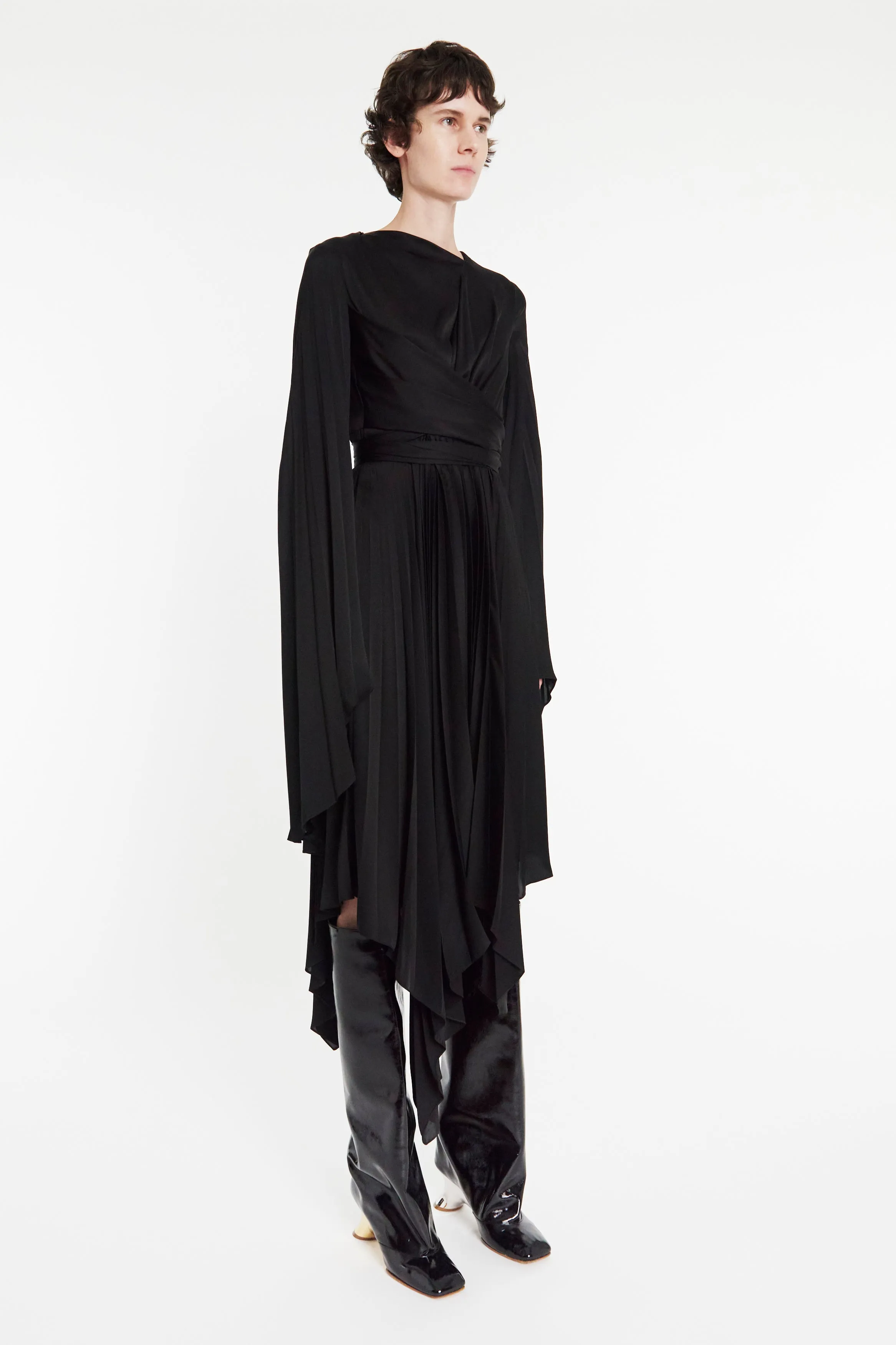 Wrap Around Midi Dress With Pleated Skirt And Sleeves Black