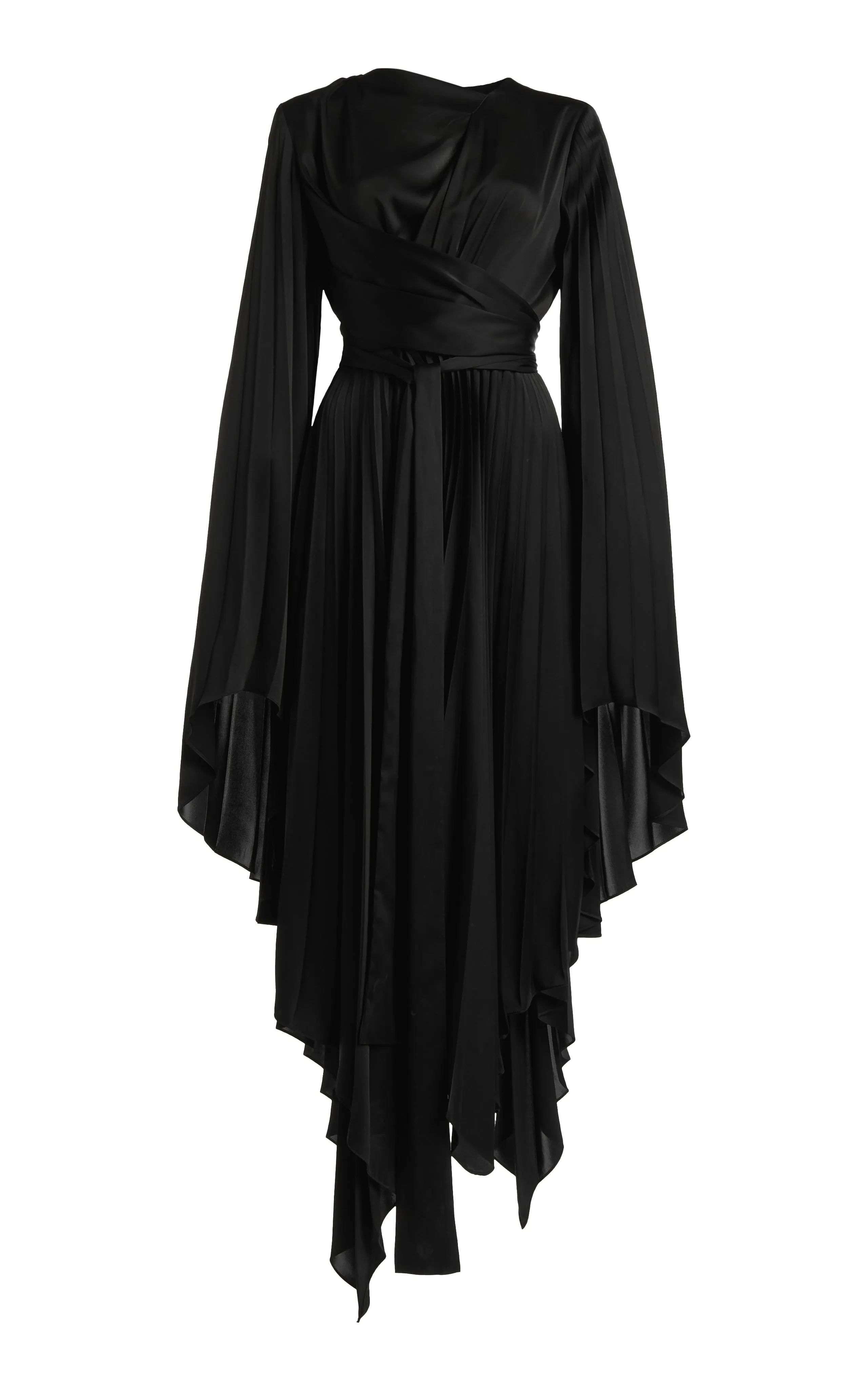 Wrap Around Midi Dress With Pleated Skirt And Sleeves Black