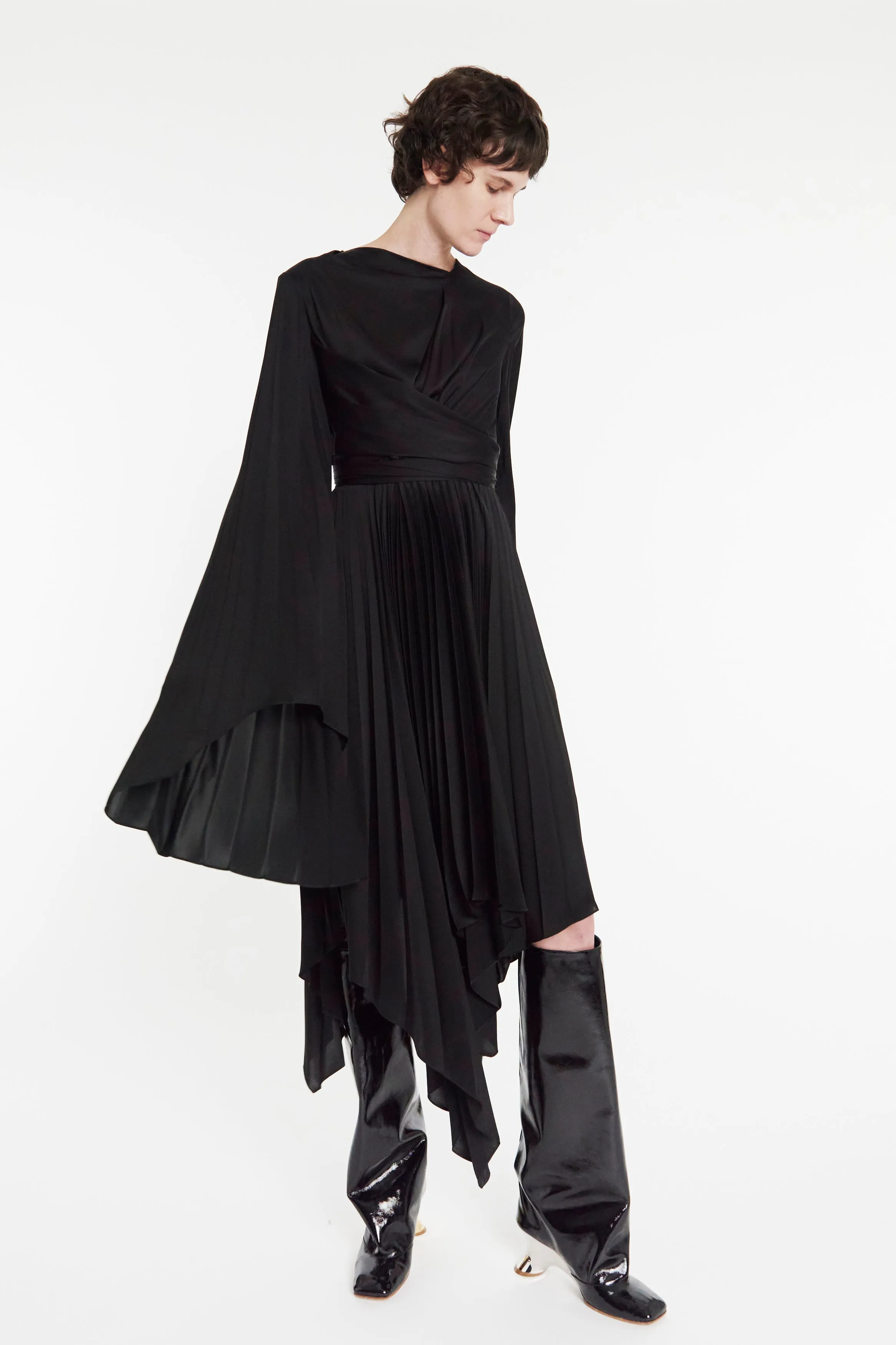 Wrap Around Midi Dress With Pleated Skirt And Sleeves Black