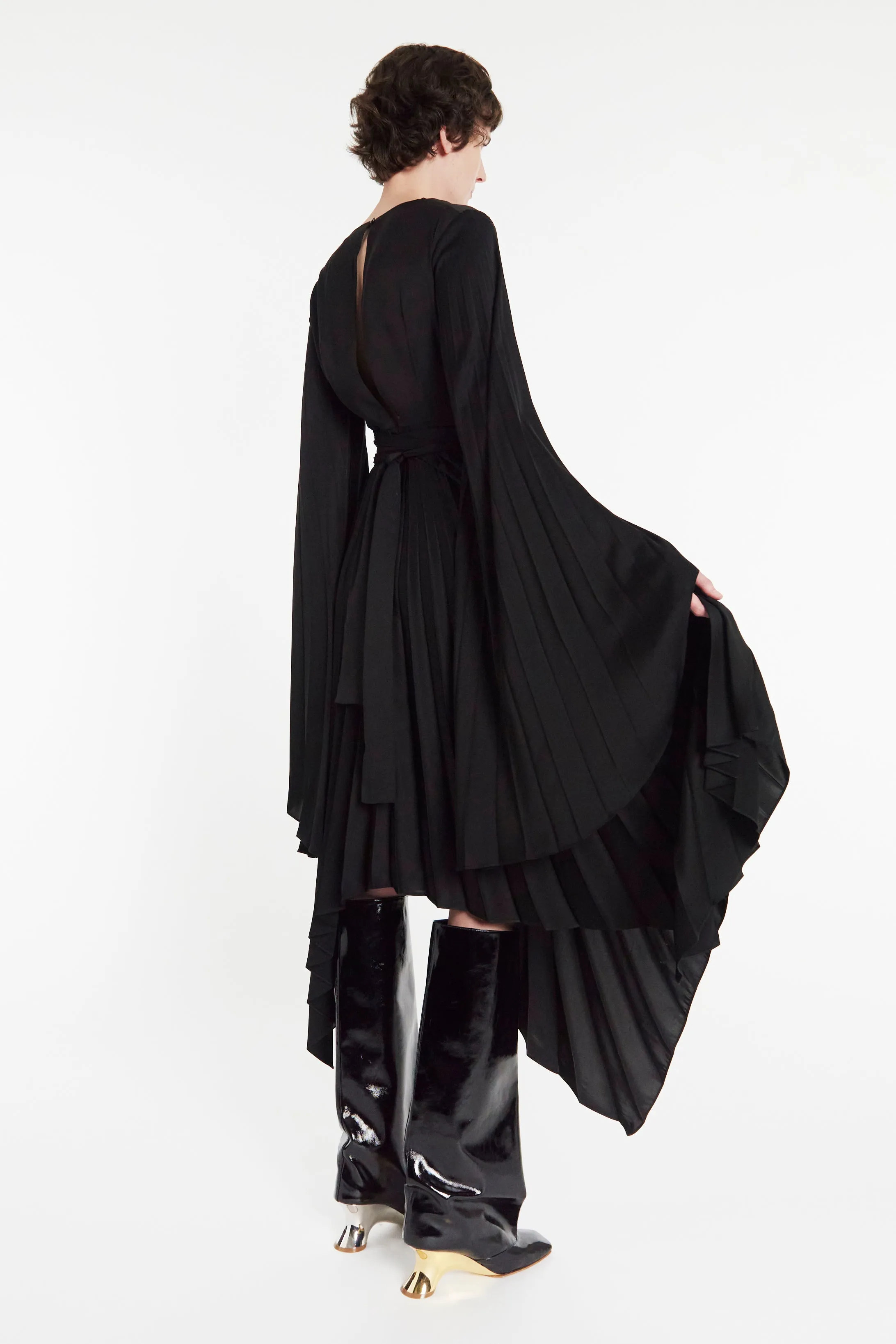 Wrap Around Midi Dress With Pleated Skirt And Sleeves Black