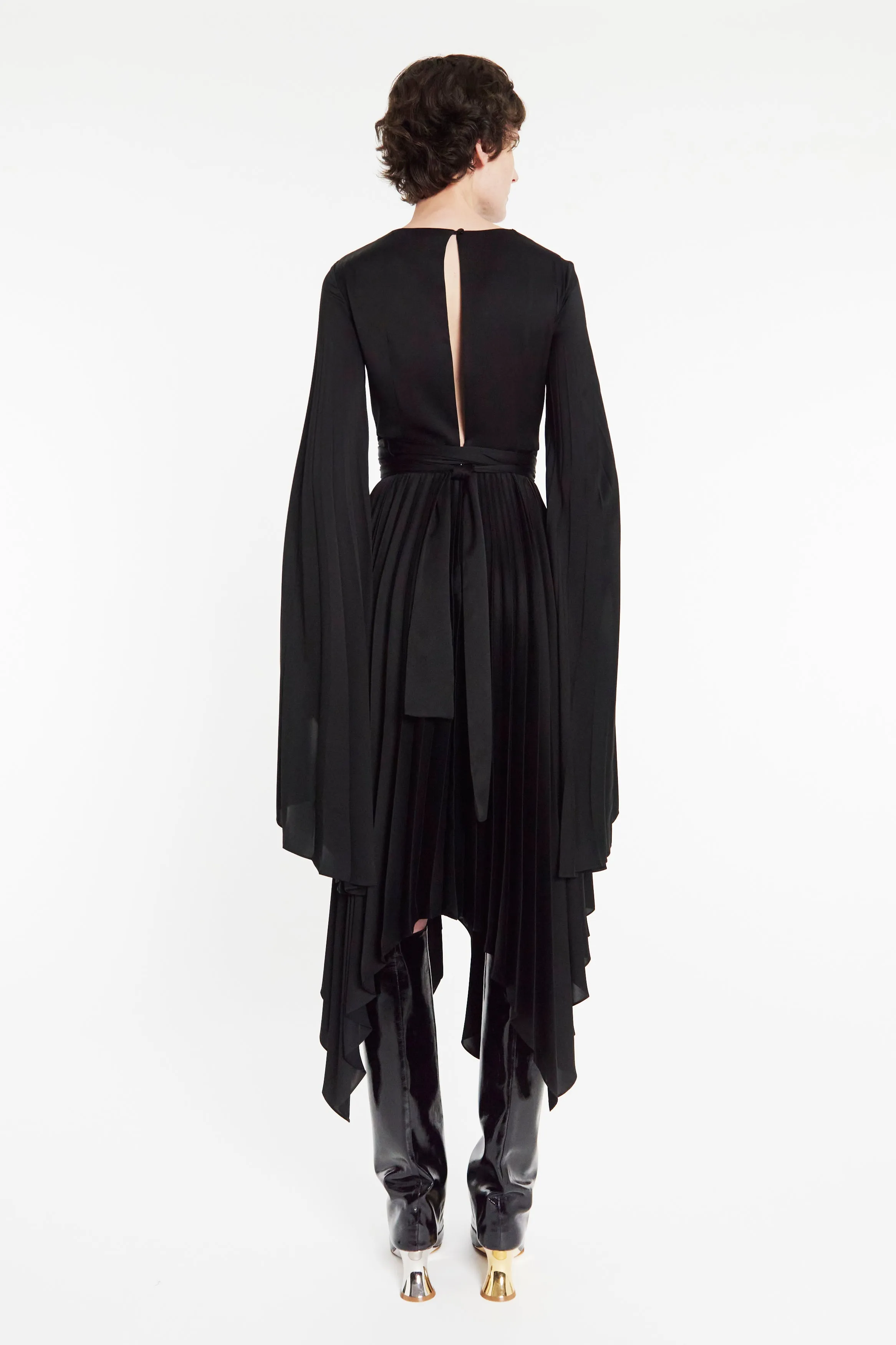 Wrap Around Midi Dress With Pleated Skirt And Sleeves Black