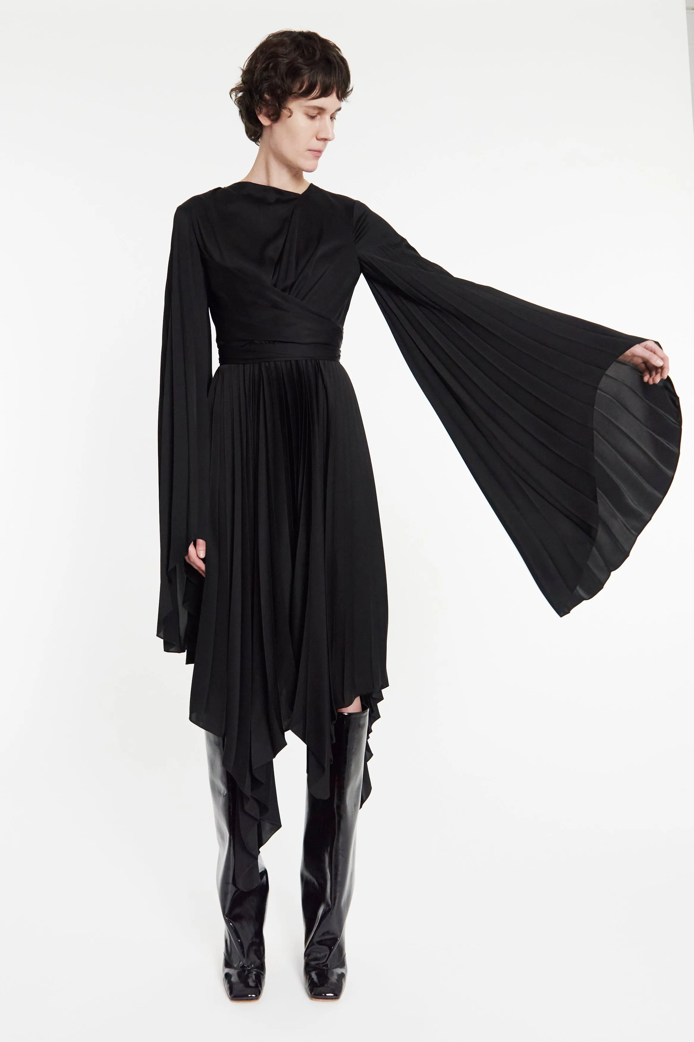 Wrap Around Midi Dress With Pleated Skirt And Sleeves Black