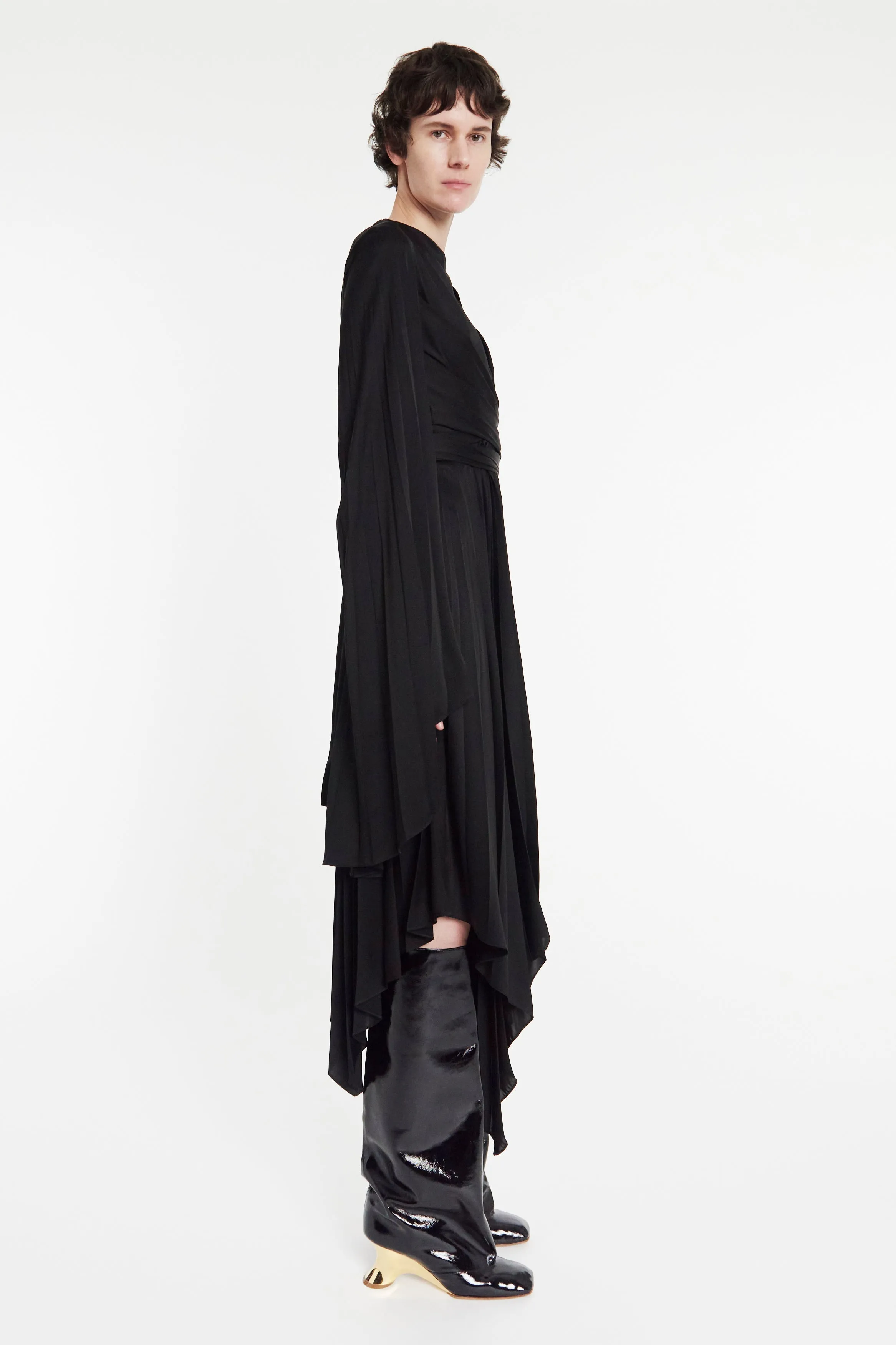 Wrap Around Midi Dress With Pleated Skirt And Sleeves Black