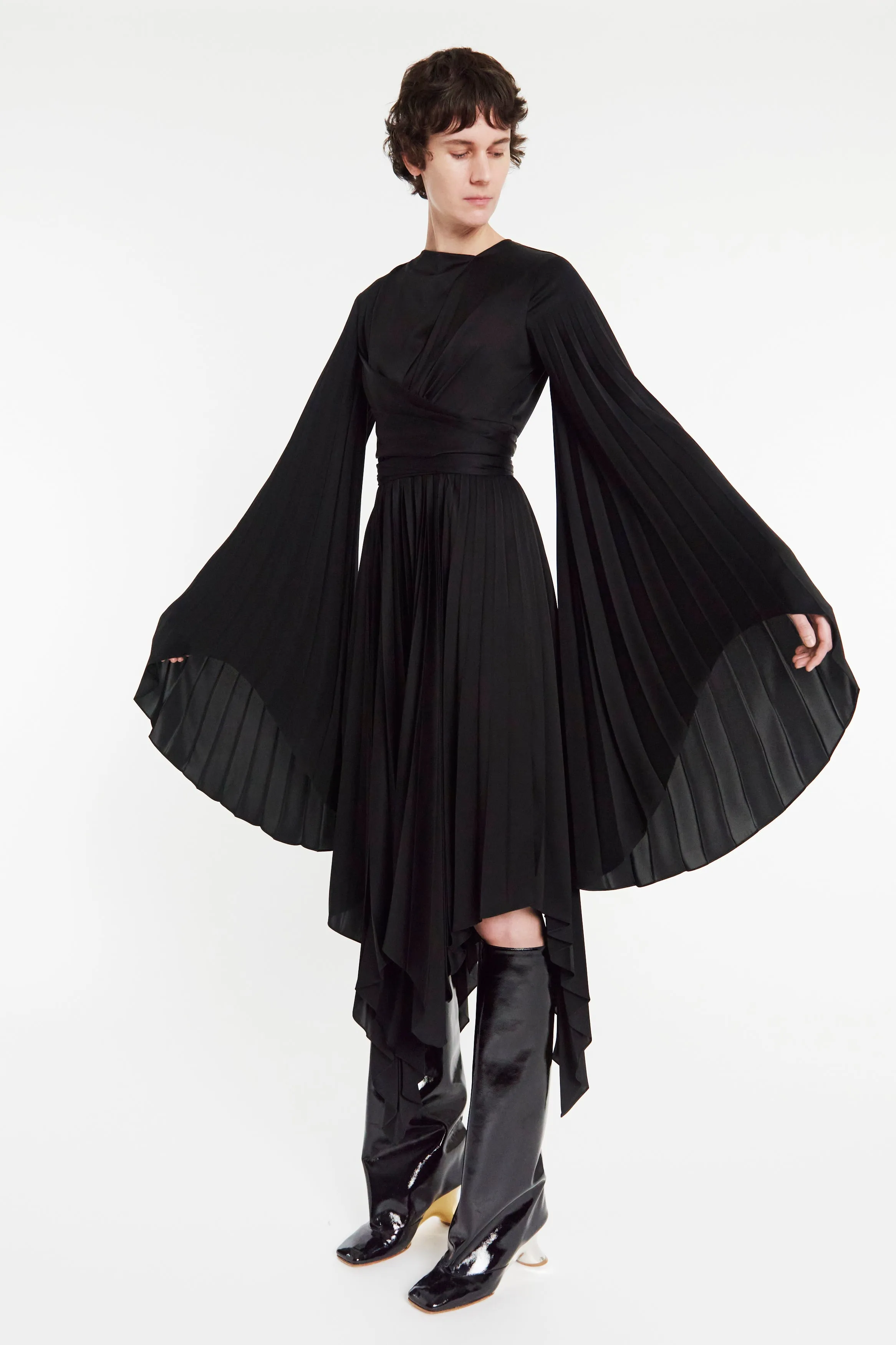 Wrap Around Midi Dress With Pleated Skirt And Sleeves Black