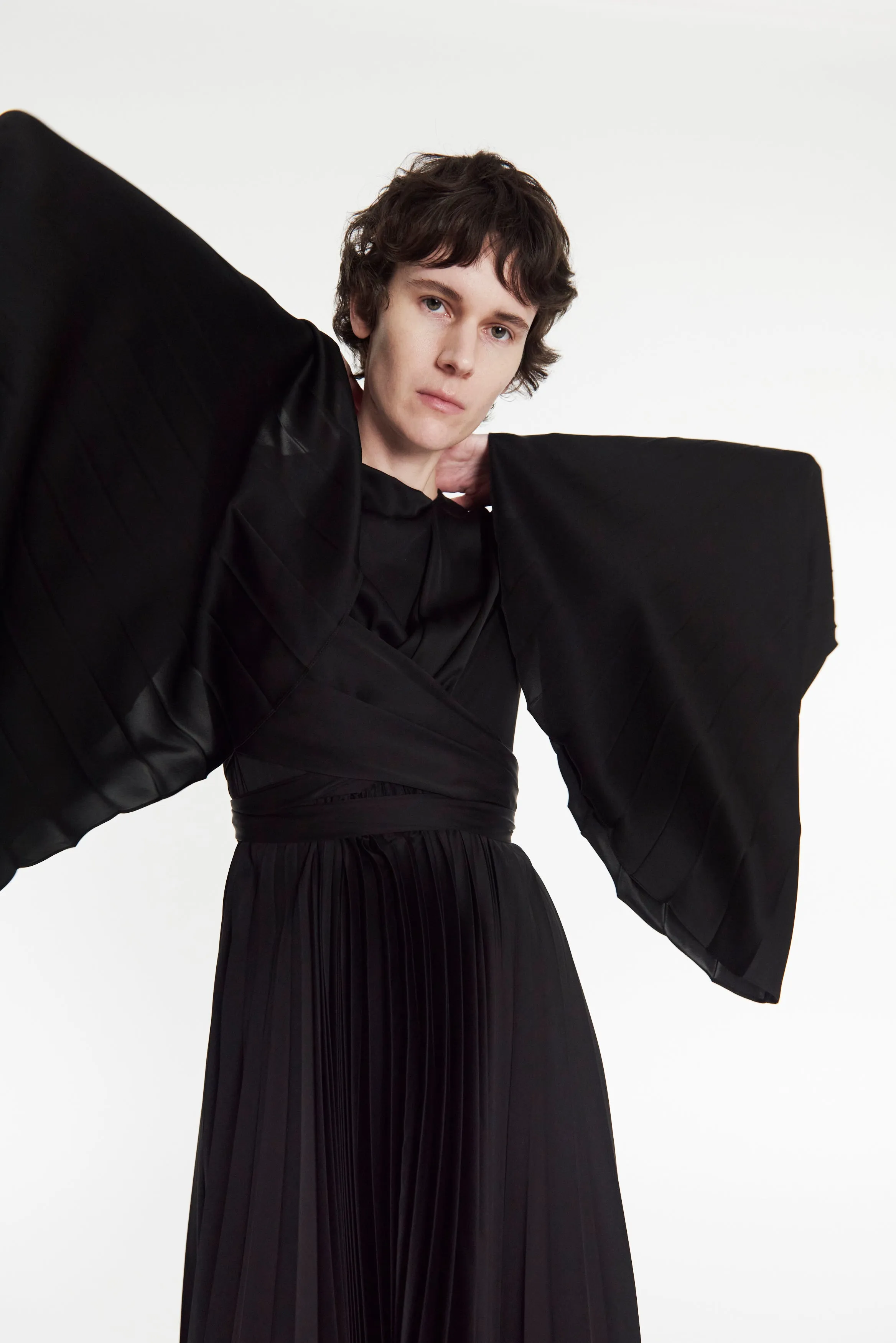 Wrap Around Midi Dress With Pleated Skirt And Sleeves Black